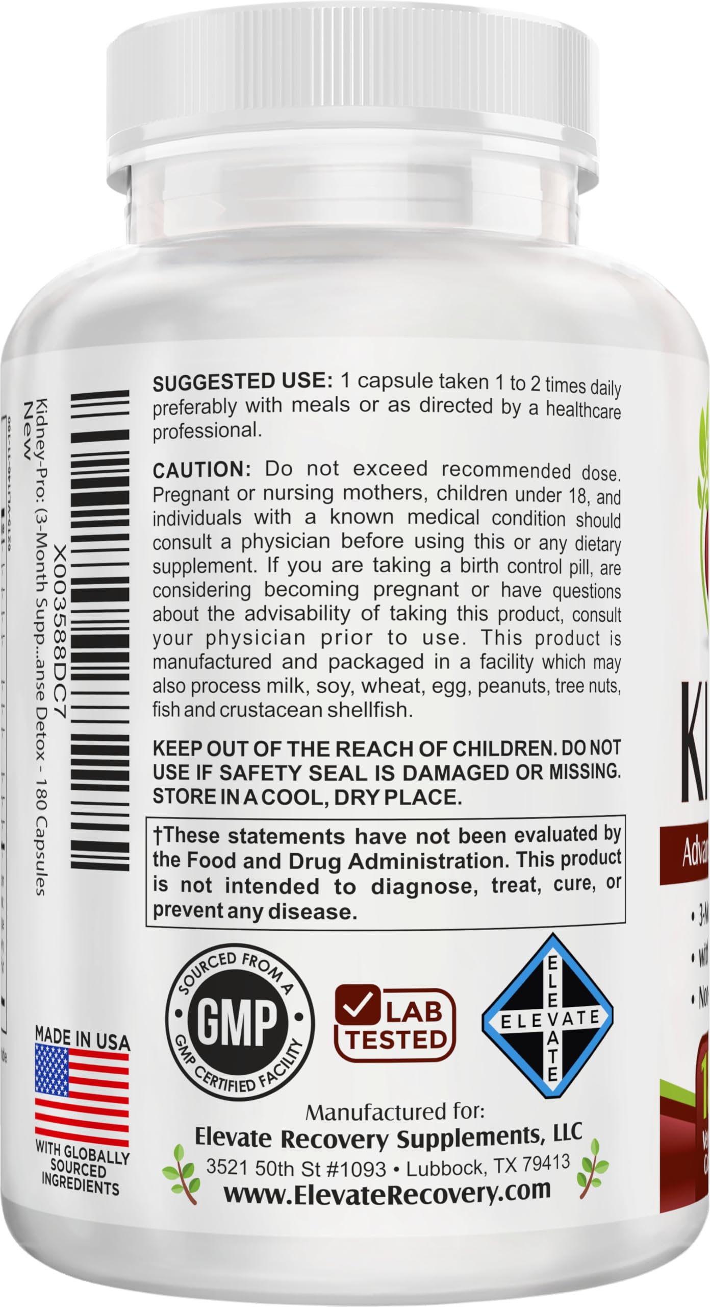 Elevate Recovery Supplements Kidney-Pro Capsules 180 Count
