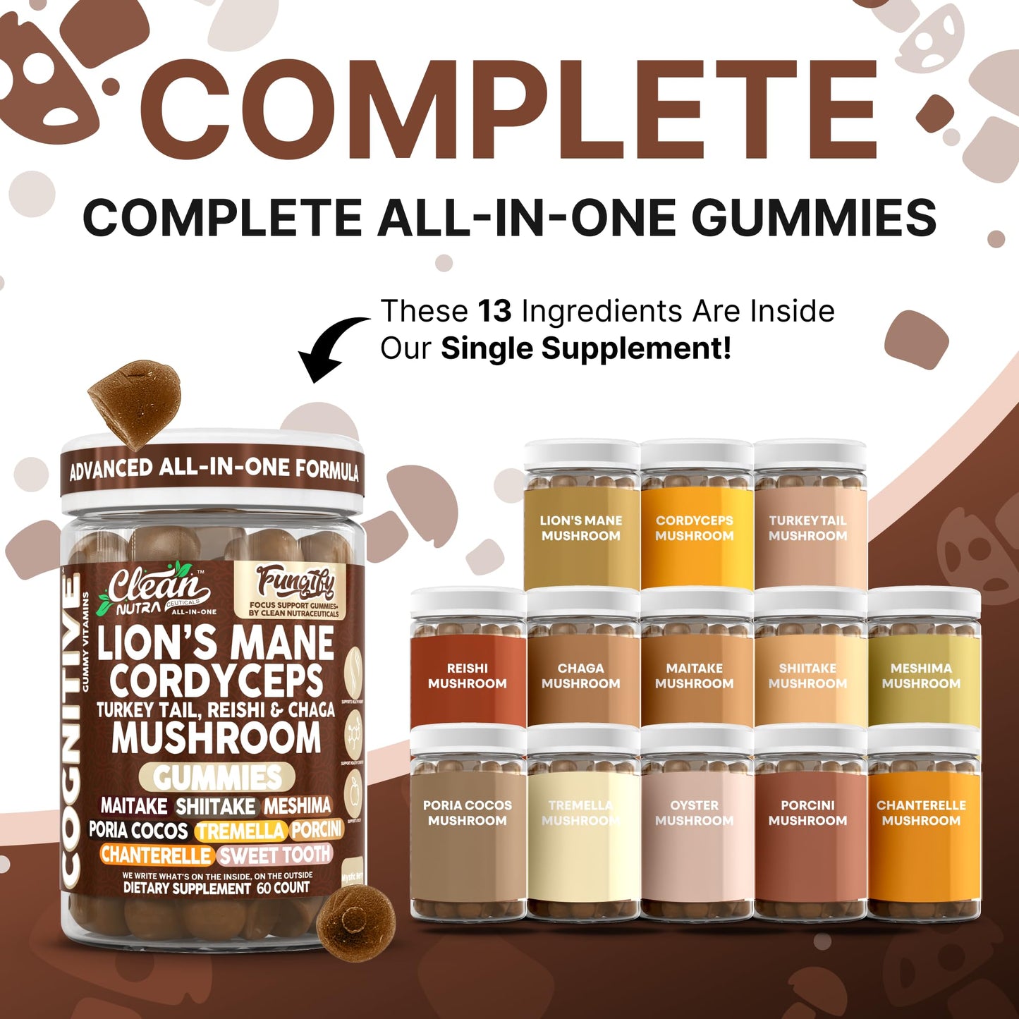 Clean Nutraceuticals Lions Mane Mushroom Gummies with Cordyceps for Memory and Focus Immune Support, 60 Count