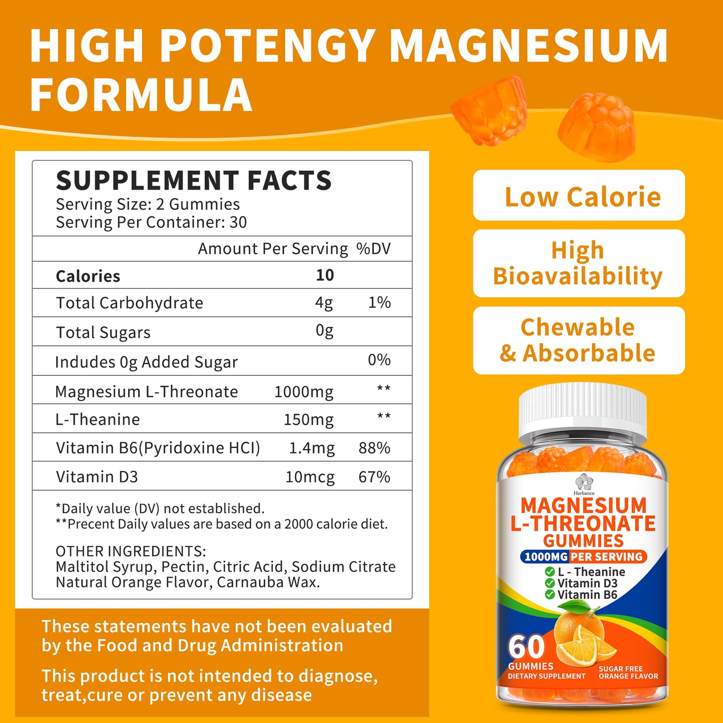 Herbance Magnesium L-threonate Gummies 1000mg, 180 Count