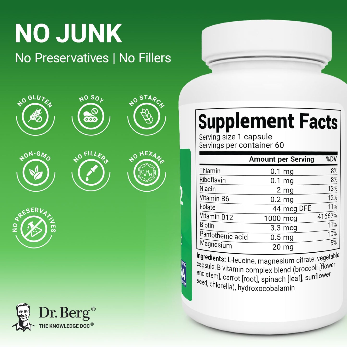 Dr. Berg Nutritionals Natural Vitamin B12 1000 mcg (Hydroxocobalamin) Capsules, 60 Count