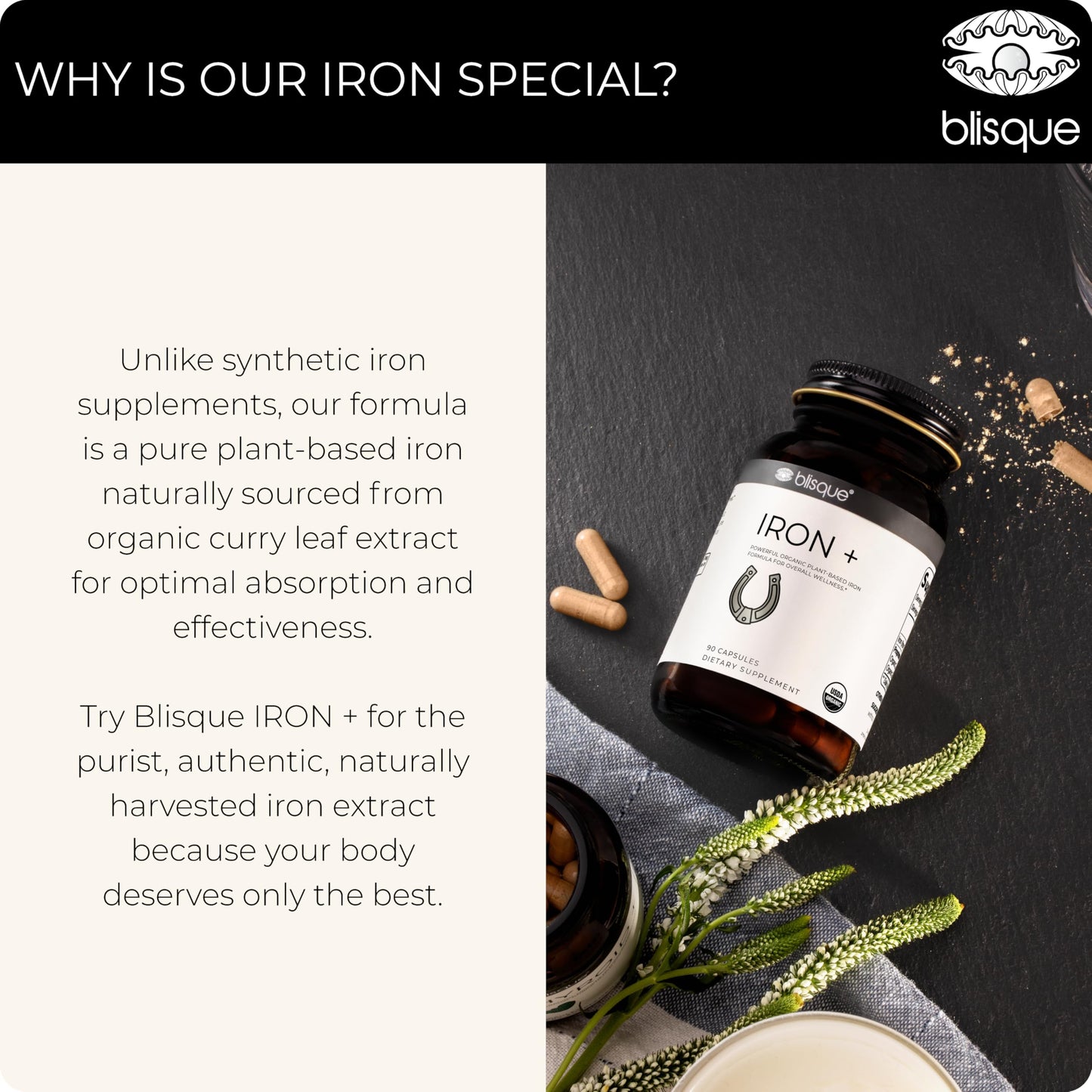 Blisque Organic Plant-Based Iron Formula for Blood Health, Immune Support, and Energy from Organic Curry Leaf Extract, 90 Capsules