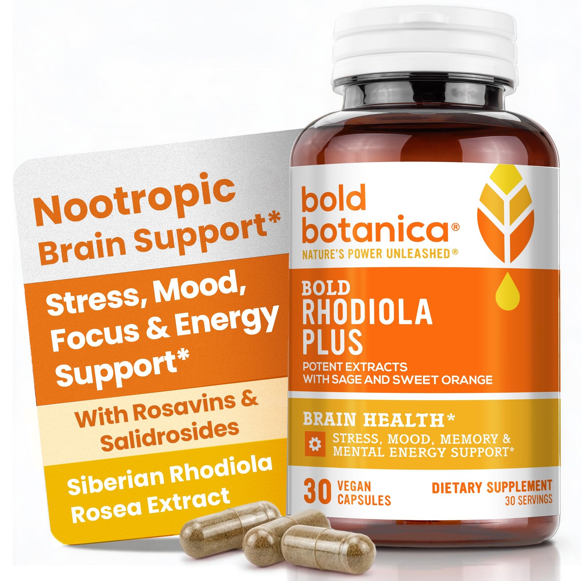 Bold Botanica Rhodiola Plus — Siberian Rhodiola Rosea Extract Supplement 8mg Rosavins, 4mg Salidroside — Premium Adaptogen Supplement for Stress, Memory, Focus, & Energy Support — Capsules, 30 Count