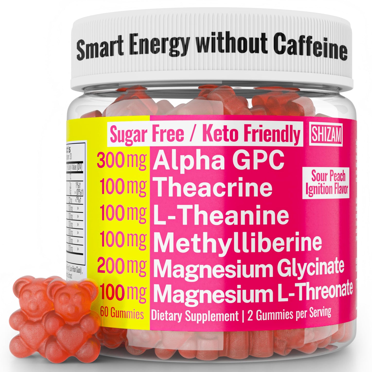 SHIZAM Alpha GPC Teacrine Magnesium L-Threonate & Glycinate Complex L-Theanine Methylliberine Gummies 60 Count