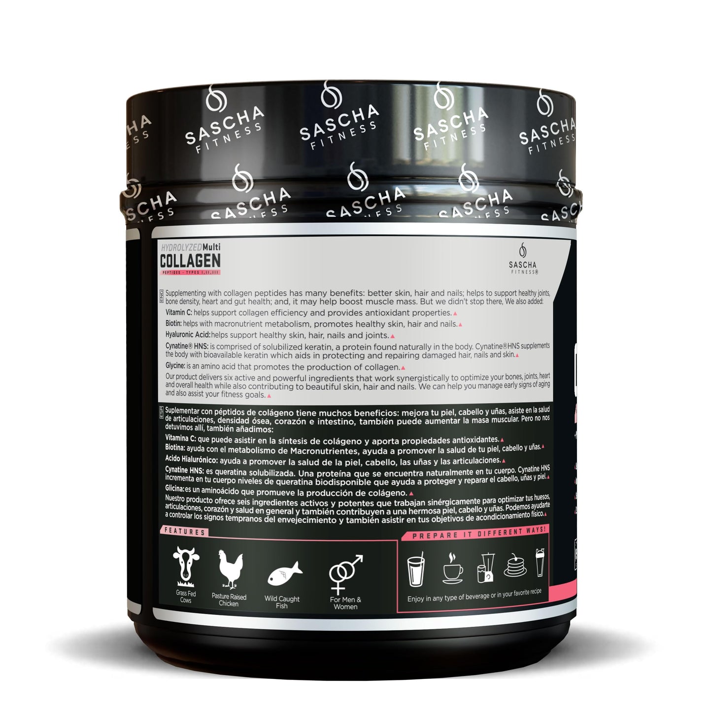SASCHA FITNESS Hydrolyzed Multi Collagen Peptides Types 1, 2 & 3 Powder 1.08 lb