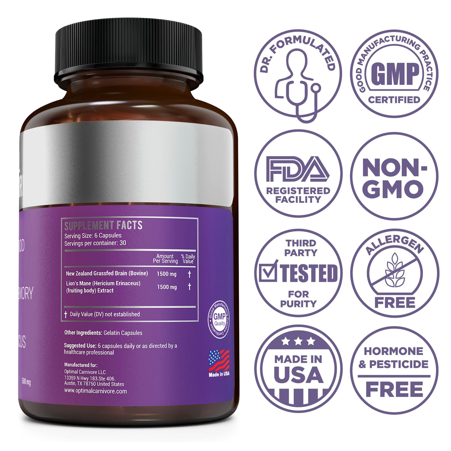 Optimal Carnivore Lions Mane Mushroom & Beef Brain Nootropic Capsule, 180 Count