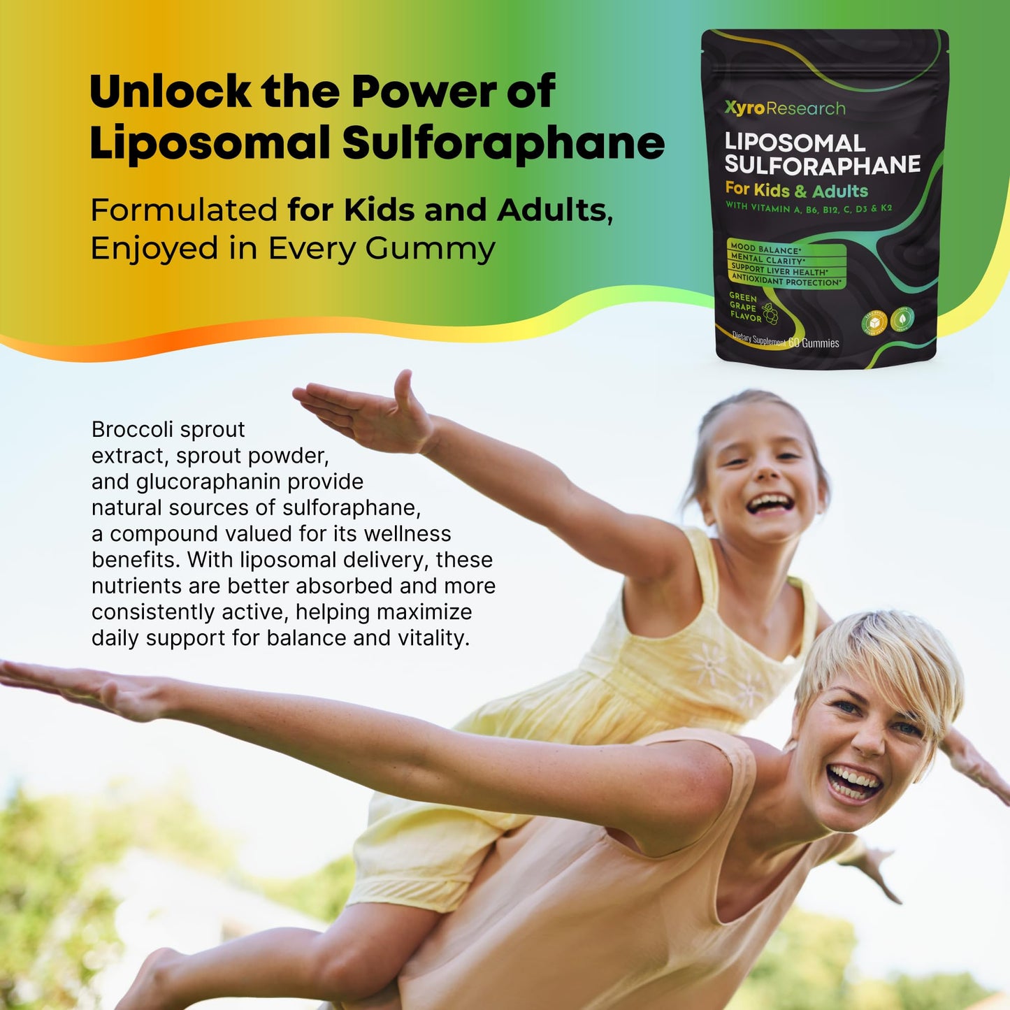 Xyro Research Liposomal Sulforaphane Gummies - 150mg Broccoli Sprout Extract with Vitamins for Kids & Adults - Antioxidant Cellular Health & Liver Detox Support - Non-GMO, Vegan, Sugar-Free, 60 Gummies