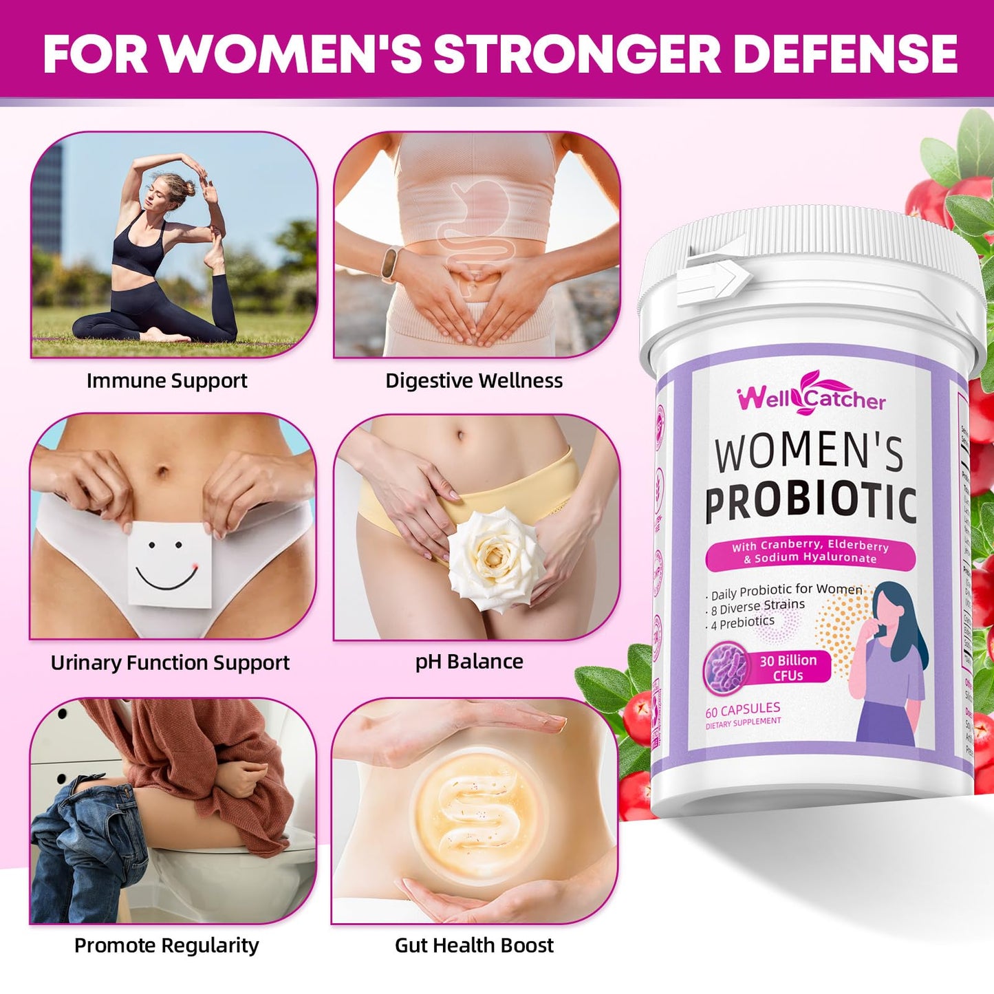 Wellcatcher Vaginal Probiotics for Women Daily Cranberry Probiotics with Prebiotics Support Digestive Urinary Tract Health pH Balance with 30 Billion CFU 8 Diverse Strains Vegan 60 Capsules