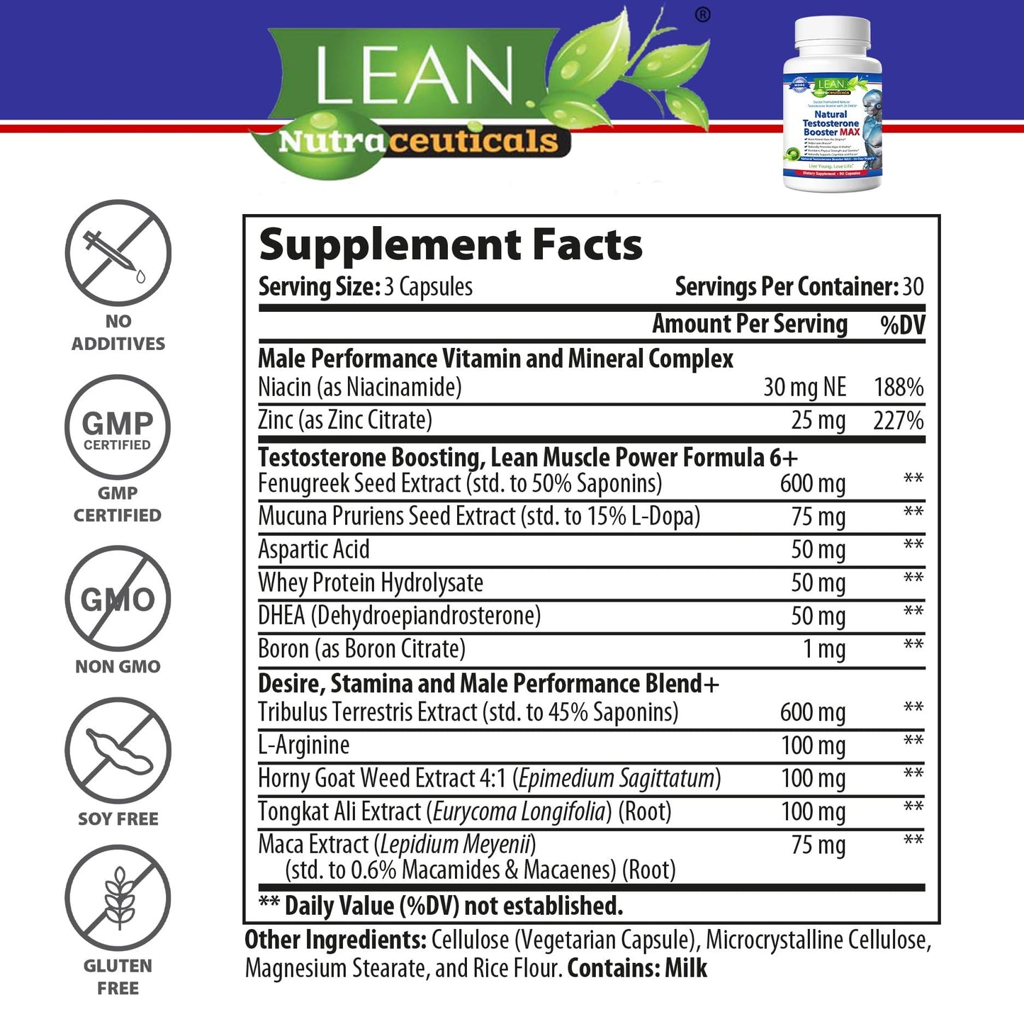 LEAN Nutraceuticals Testosterone Booster for Men Capsule 90 Count