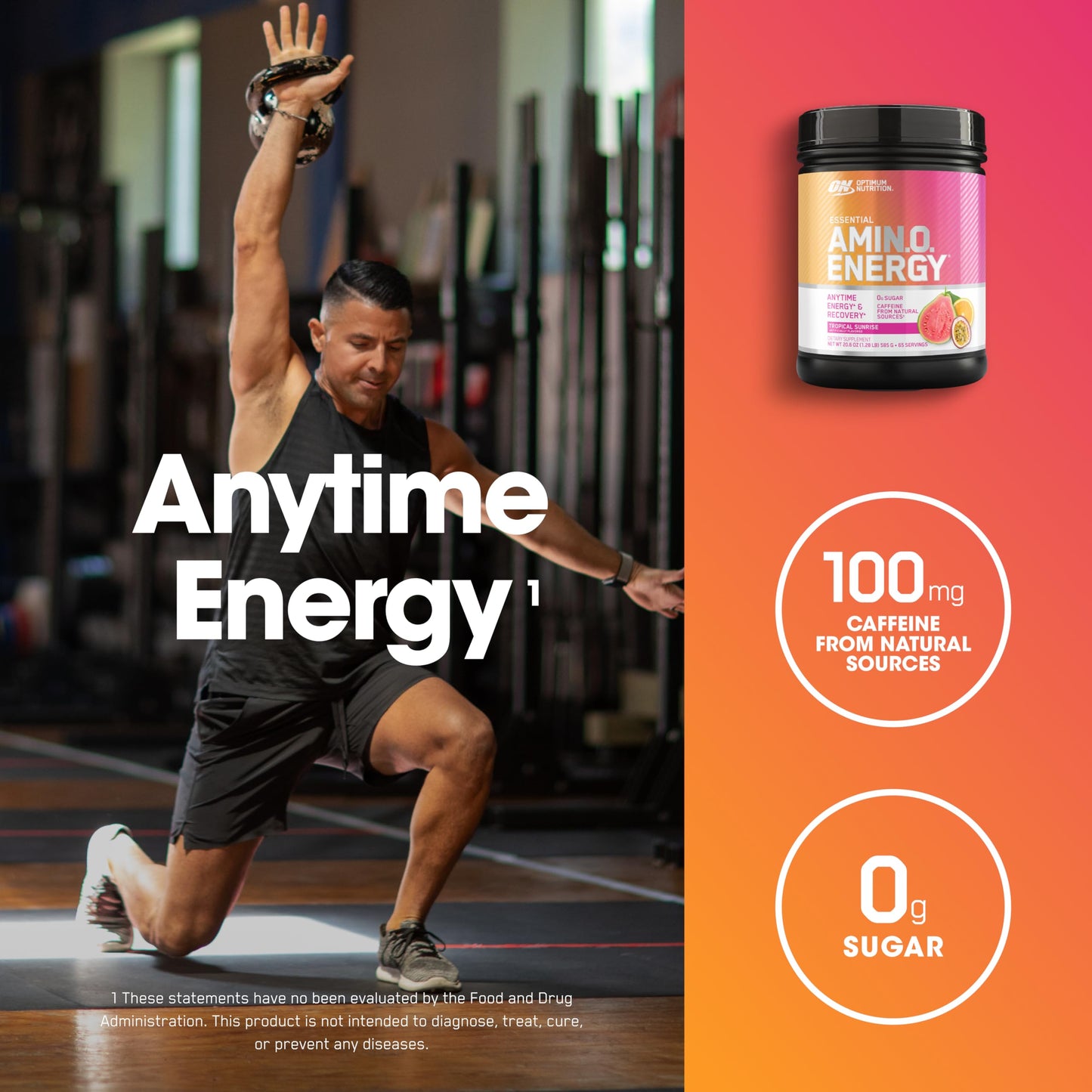 Optimum Nutrition Amino Energy - Pre Workout with Green Tea, BCAA, Amino Acids, Keto Friendly, Green Coffee Extract, Energy Powder - Tropical Sunrise, 20.6 Ounces