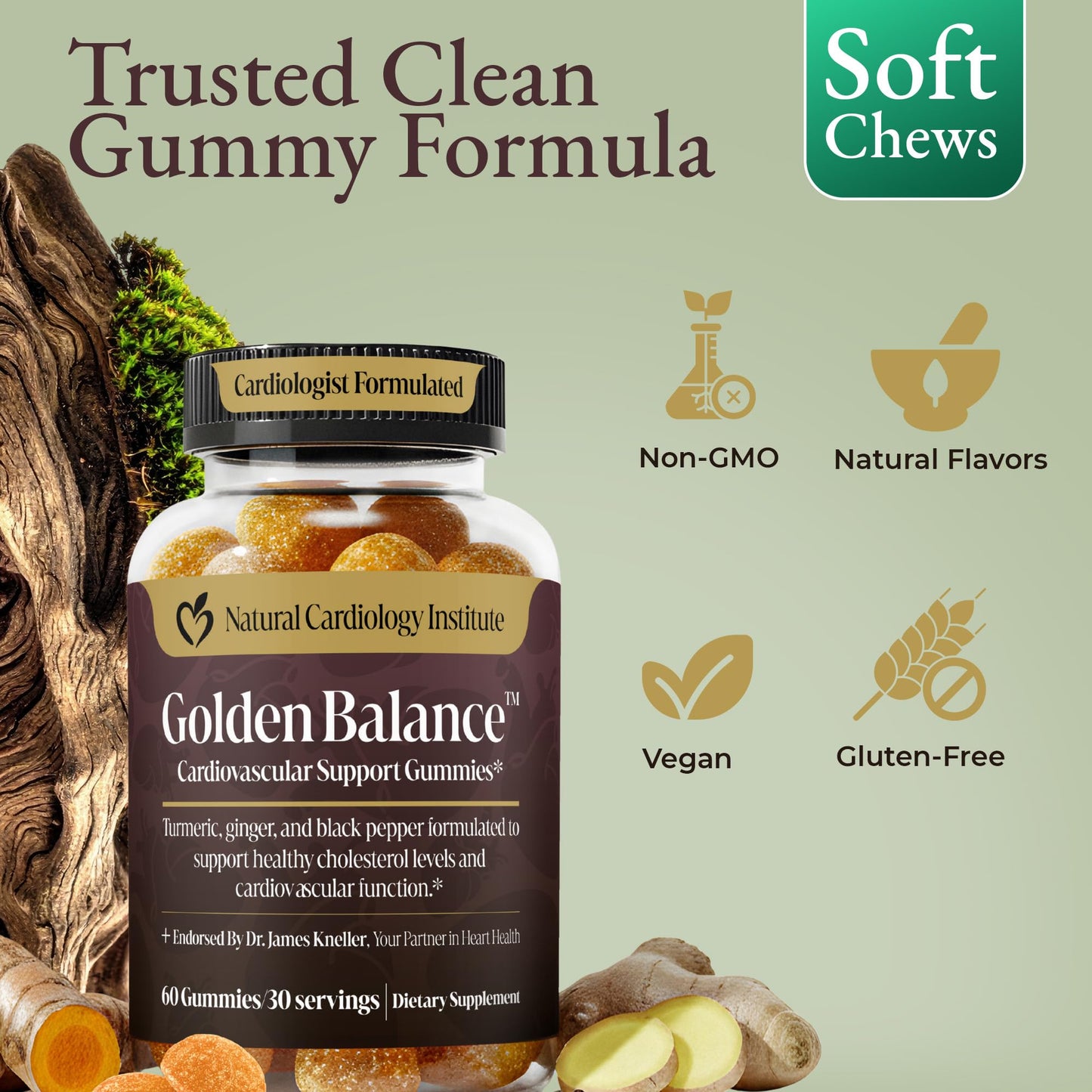 Natural Cardiology Institute Golden Balance Turmeric Ginger Gummies with Black Pepper Extract Gummy, 60 Count