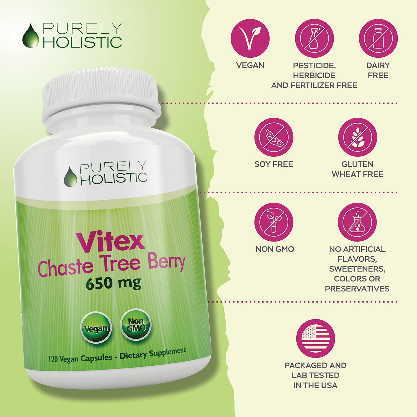 Purely Holistic Chasteberry Vitex Supplement 650mg Capsule 120 Count