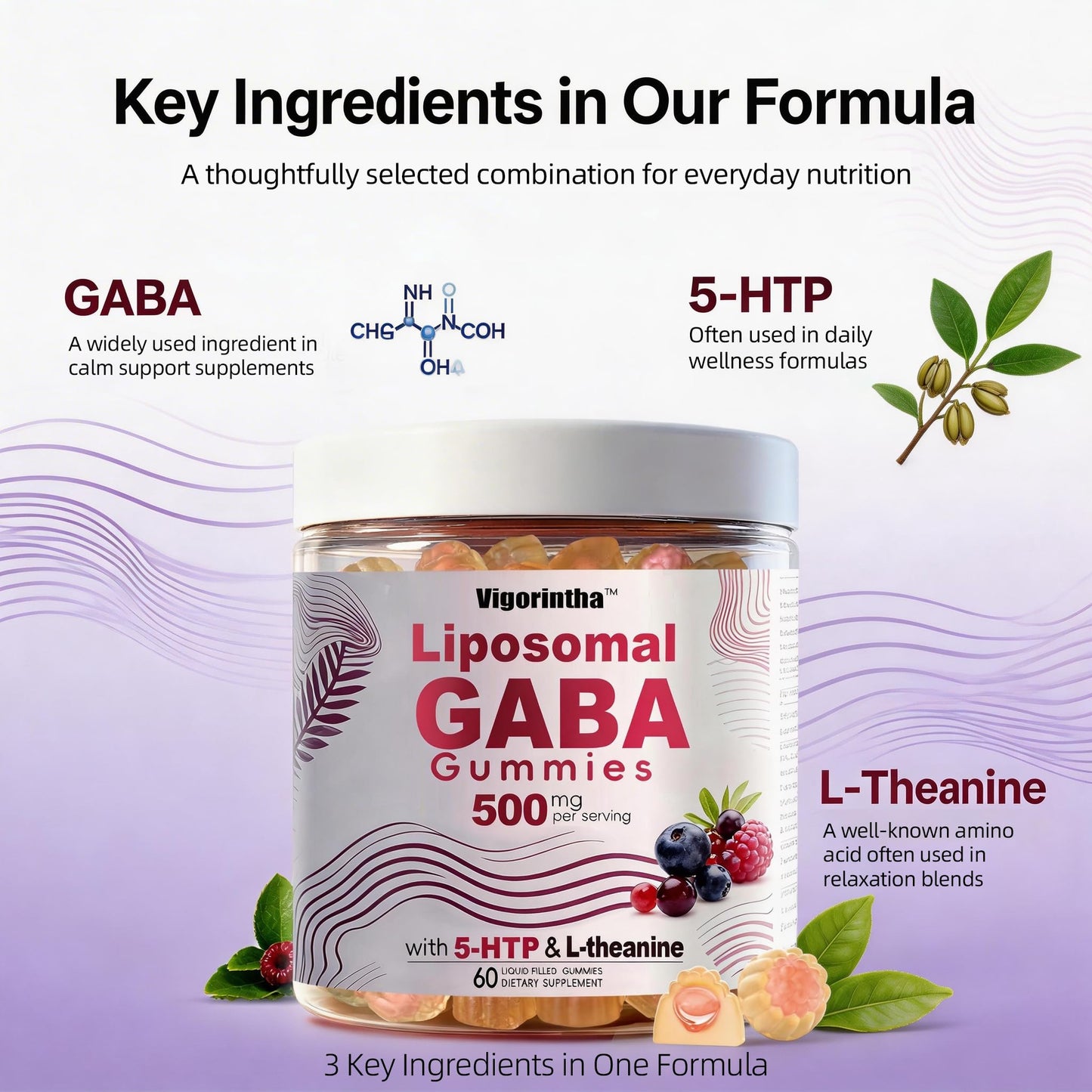 Vigorintha GABA Gummies with L-Theanine & 5-HTP, Melatonin-Free, 120 Gummies