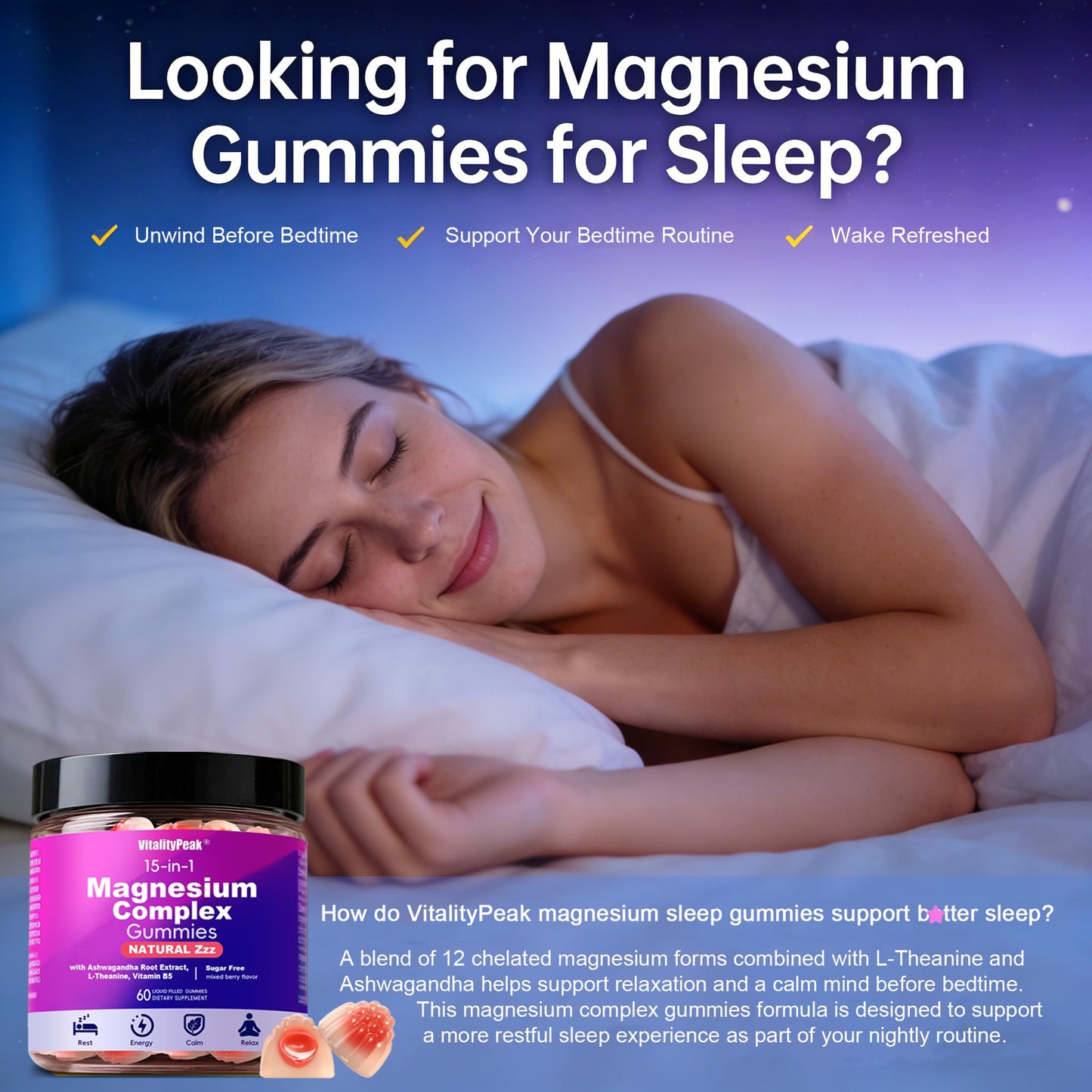 VitalityPeak Magnesium Sleep Gummies 400mg – Calm Magnesium Complex Gummies for Sleep Support & Relaxation with L-Theanine & Ashwagandha – Non Melatonin, Sugar Free Vegan, 60 Count