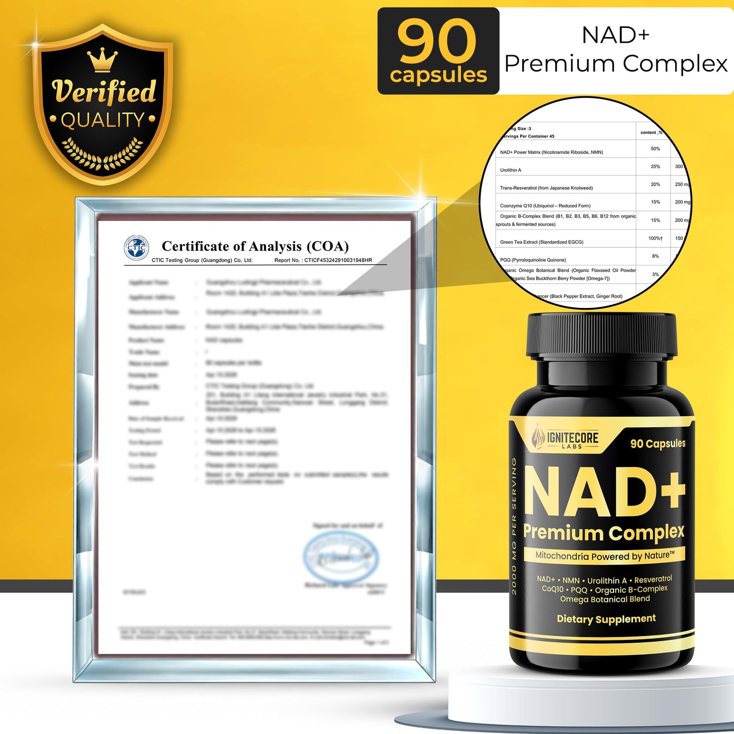 IgniteCore Labs NMN Supplement 2000mg NAD+ Complex with Nicotinamide Riboside, Urolithin A, Resveratrol, CoQ10, PQQ Capsules 90 Count