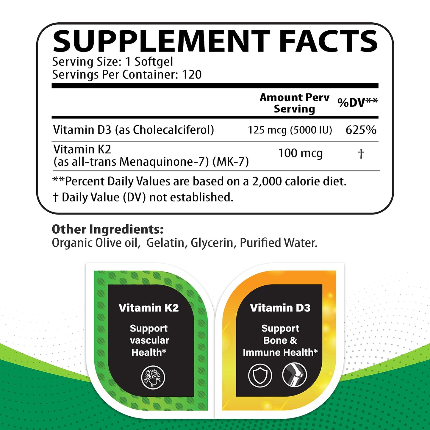 Nutritunes Vitamin D3 K2 5000 IU D3 & 100 mcg K2 MK-7 Softgels 120
