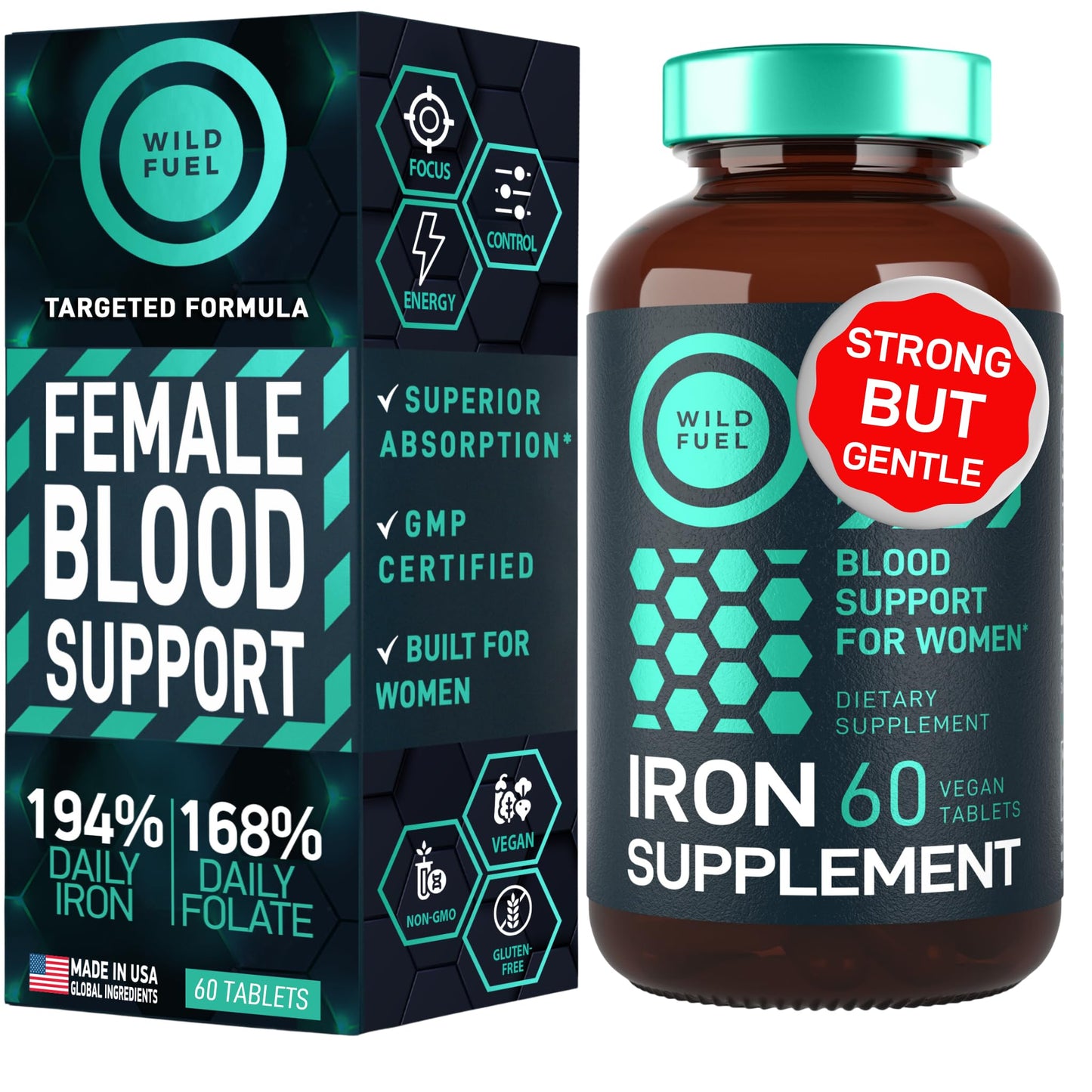 WILD FUEL Iron Supplement for Women with Folic Acid - 35 mg Ferrous Sulfate, Folic Acid 400 mcg, Gluten-Free, Vegan, 60 Tablets