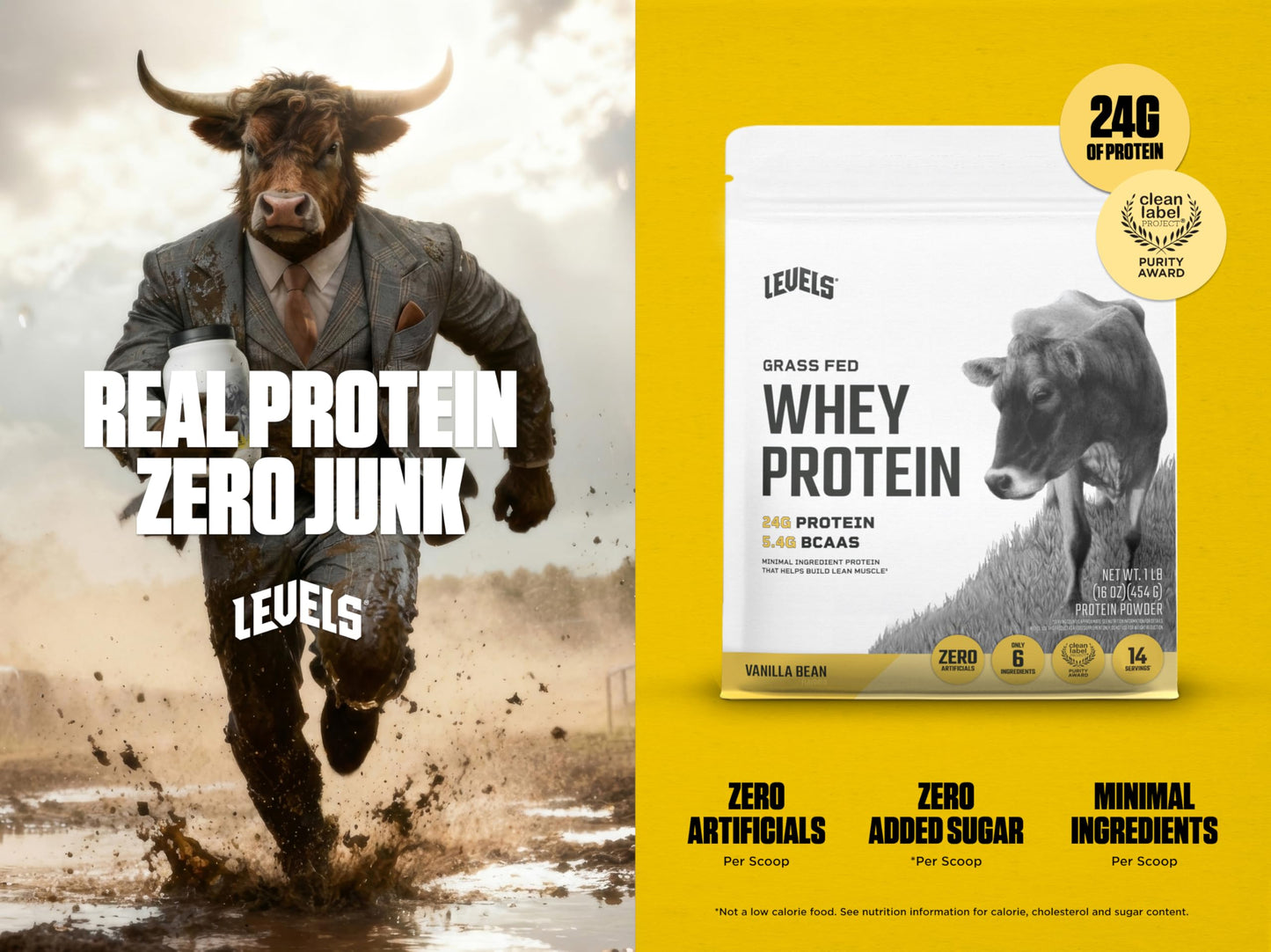 Levels Nutrition Grass Fed Whey Protein Powder Vanilla Bean, 16 Servings