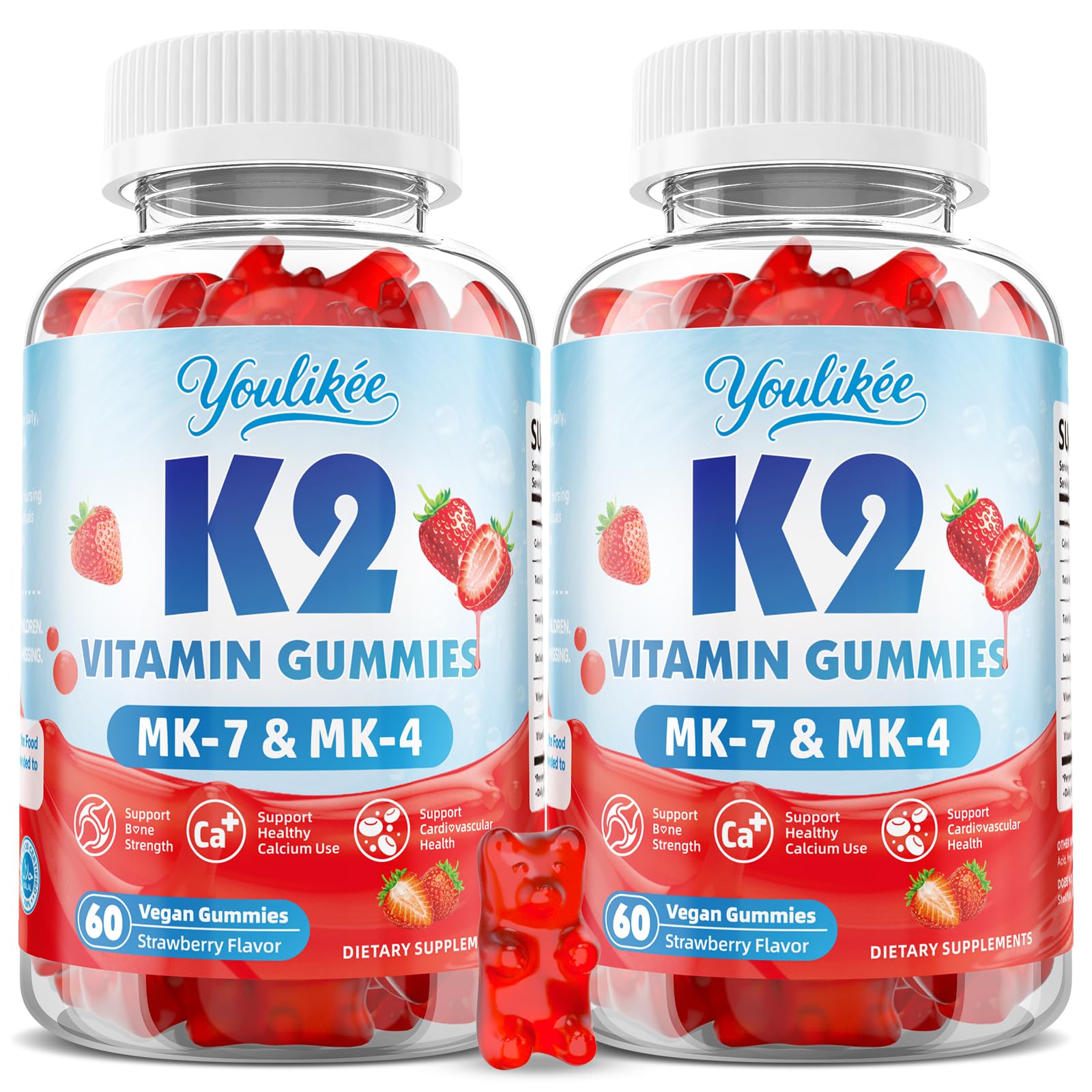 Youlikee Vitamin K2 Gummies, Dual Formula MK-7 & MK-4, Sugar-Free, Gluten-Free, Non-GMO Strawberry Flavor, 120 Gummies