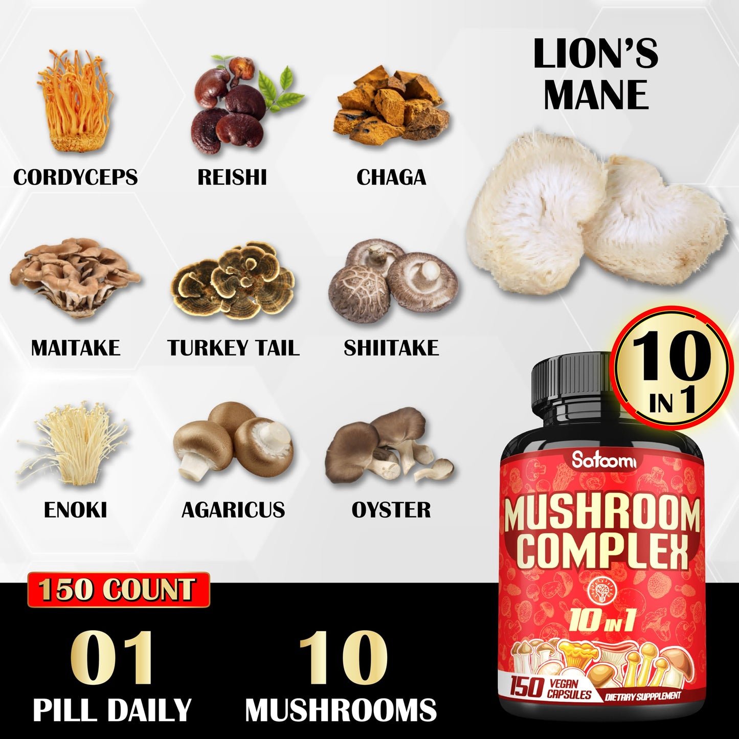 Satoomi 10in1 Mushroom Complex Supplements Capsules, 150 Capsules