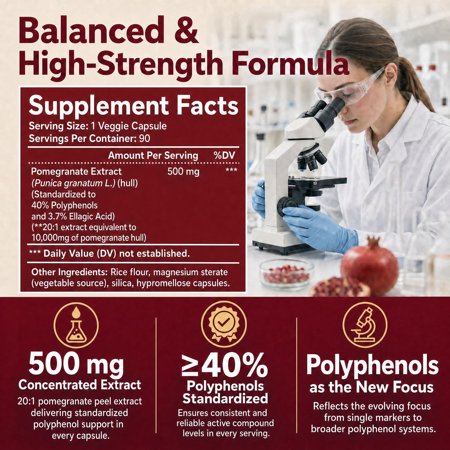 HyberVive Pomegranate Extract 20:1 Extra Strength, 500mg Full-Spectrum Peel Extract, Standardized to ≥40% Polyphenols with Ellagic Acid, 90 Capsules