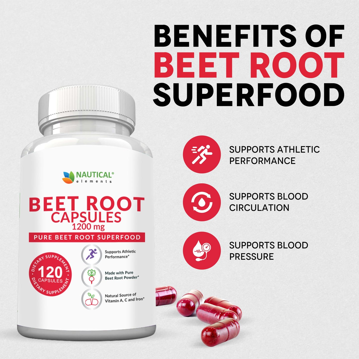 Nautical Elements Beet Root Capsules 1200mg Per Serving, 120 Count