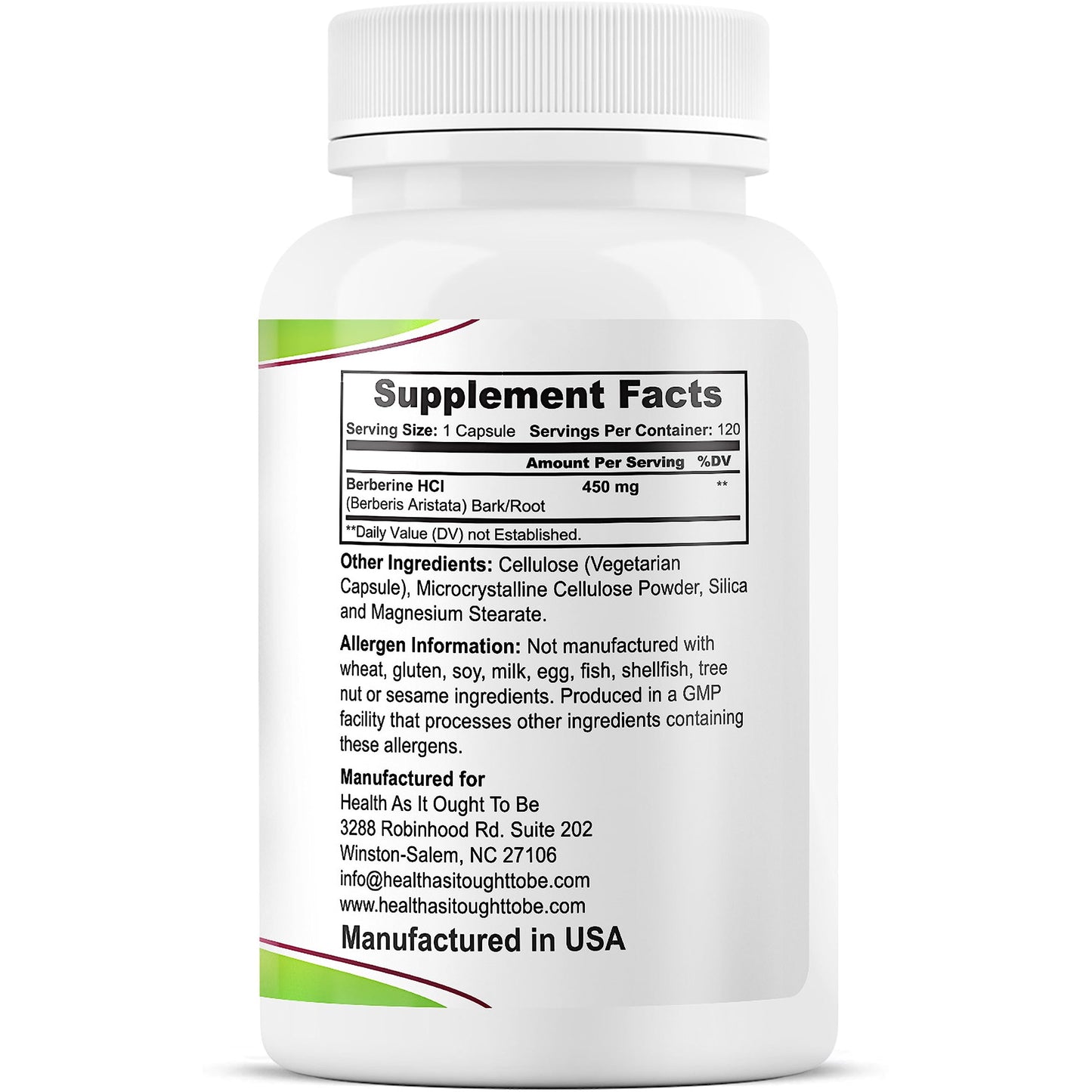 Health As It Ought To Be Fresh Berberine Supplement 450mg Capsules 120