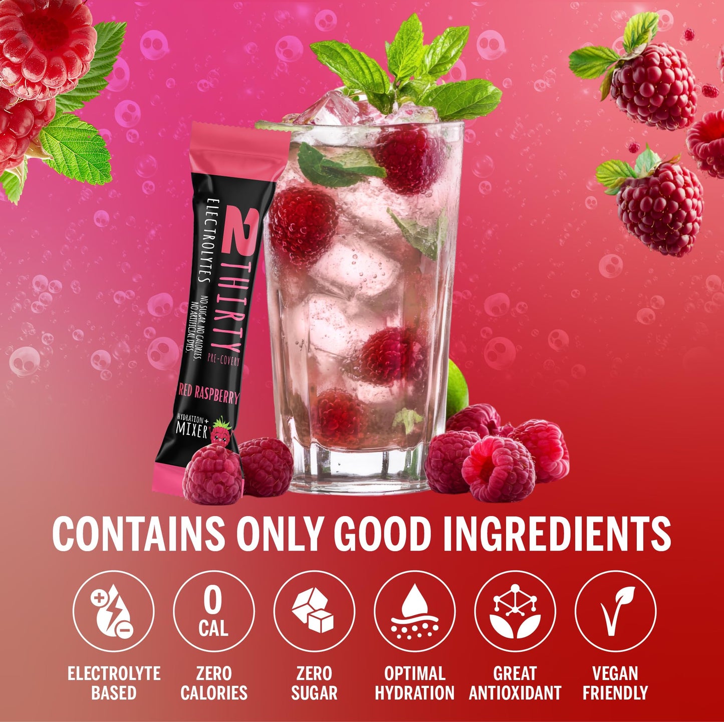 2THIRTY PRE-COVERY Hydration + Mixer DHM Alternative Electrolyte Powder Packets, Red Raspberry, 2.1 oz