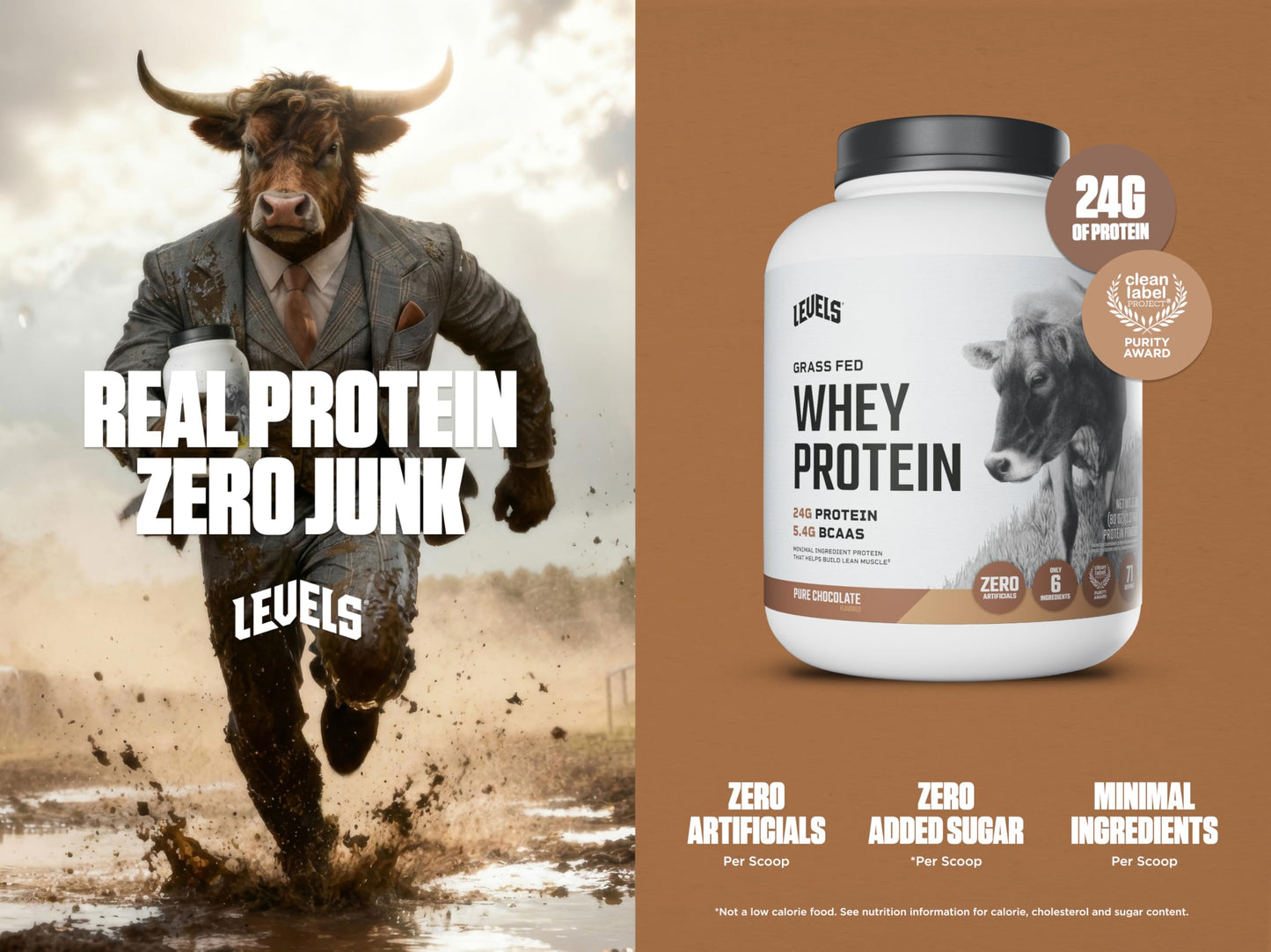 Levels Nutrition Grass Fed Whey Protein Powder 80 Servings Pure Chocolate, 5 lb