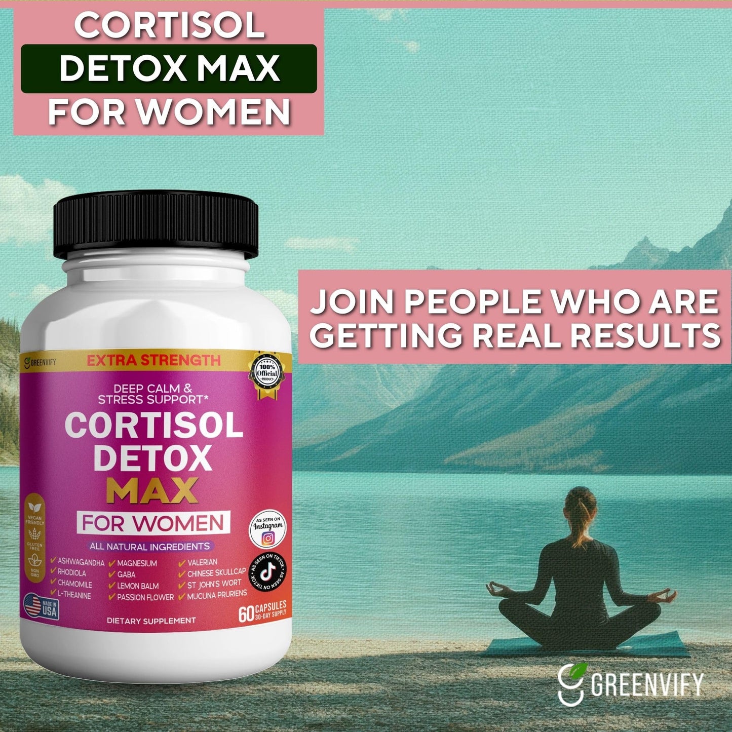 GREENVIFY Cortisol Detox Max for Women Extra Strength Stress Support 60 Capsules