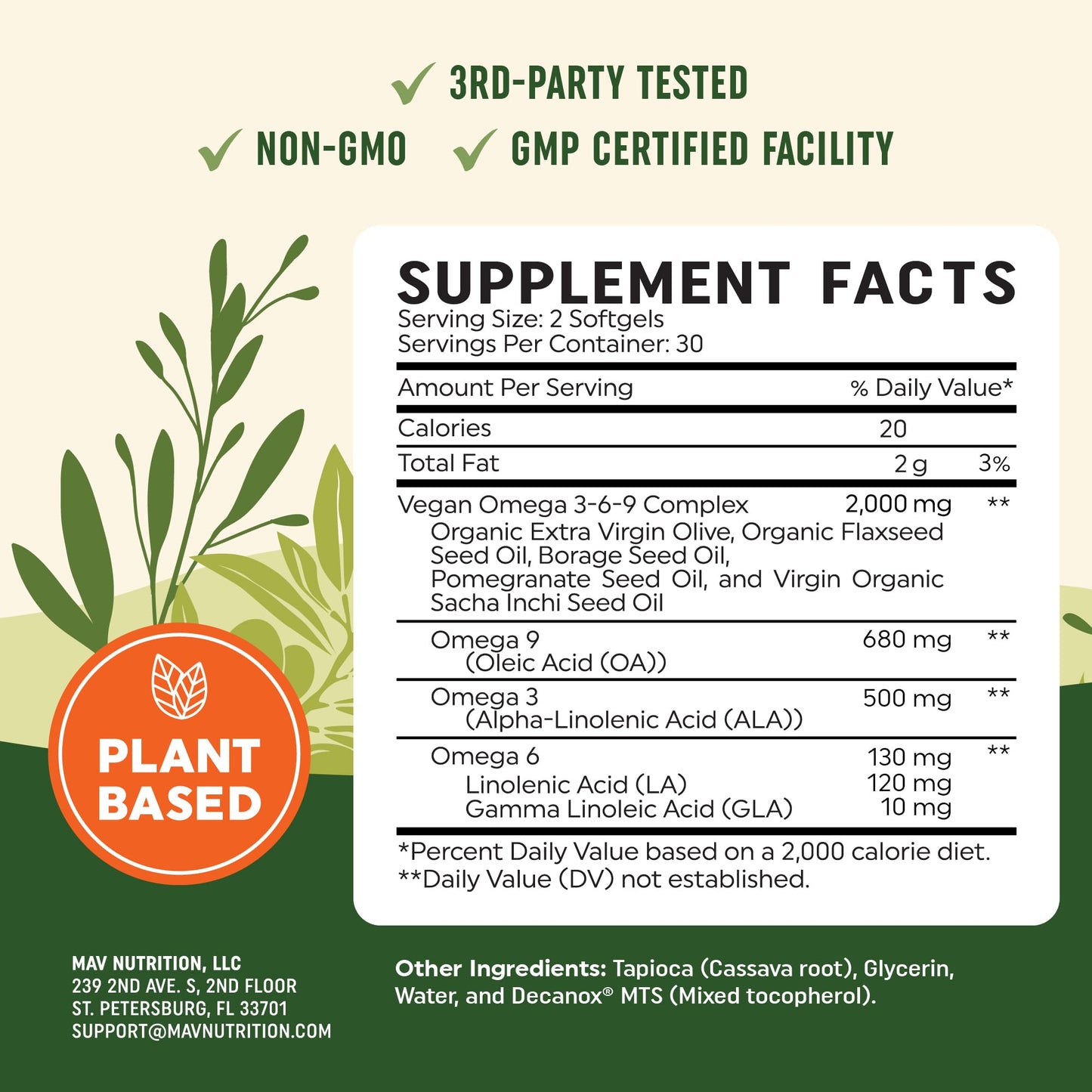 MAV NUTRITION Vegan Omega 3 6 9 Supplements Softgels 60 Count