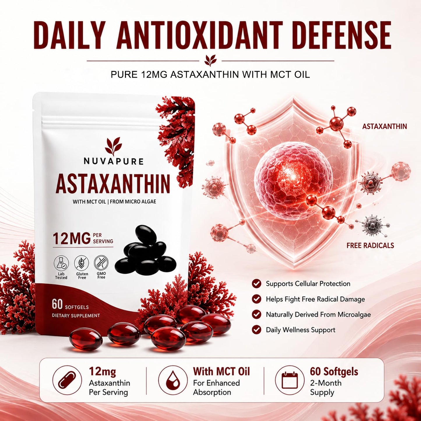 Heniqut NuvaPure Astaxanthin 12mg with MCT Oil Softgel 1 Count