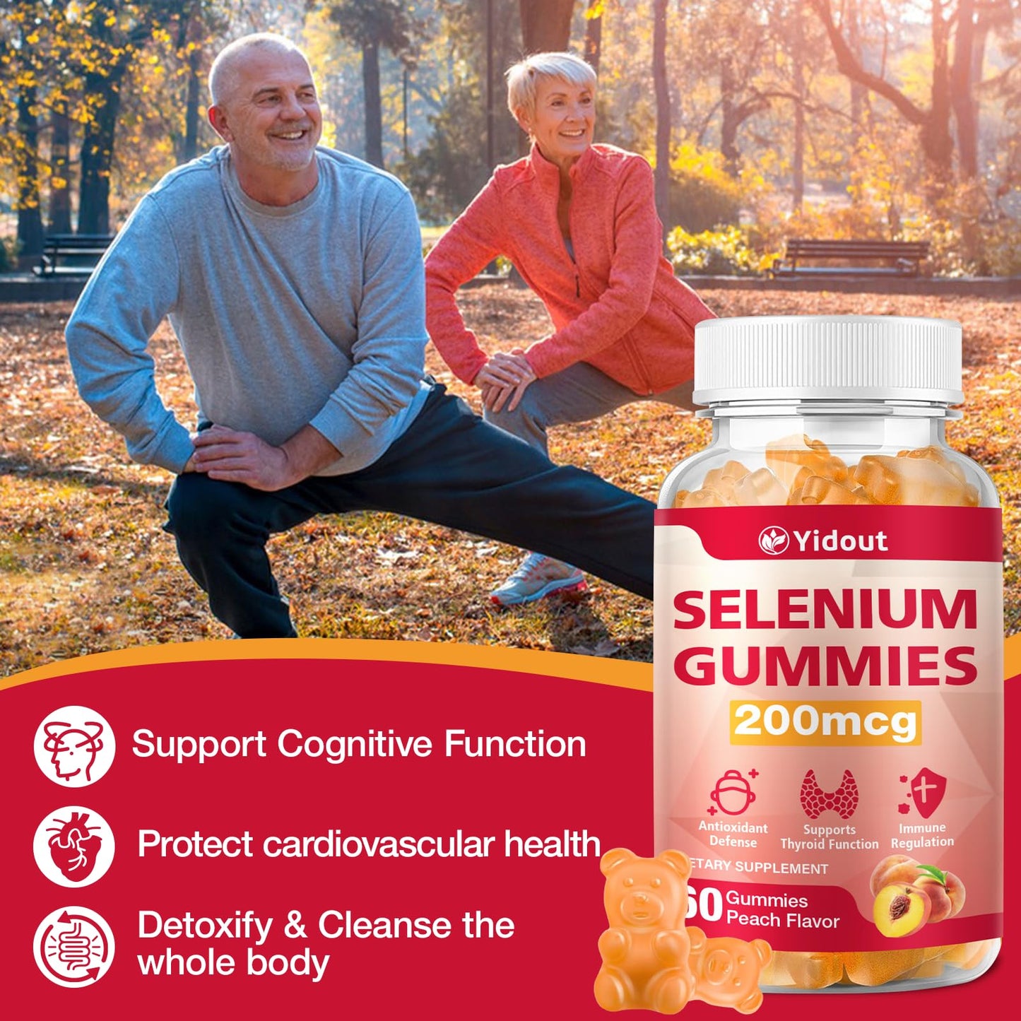 Yidout Selenium Supplement for Thyroid Support Gummy, 60 Count, 200mcg