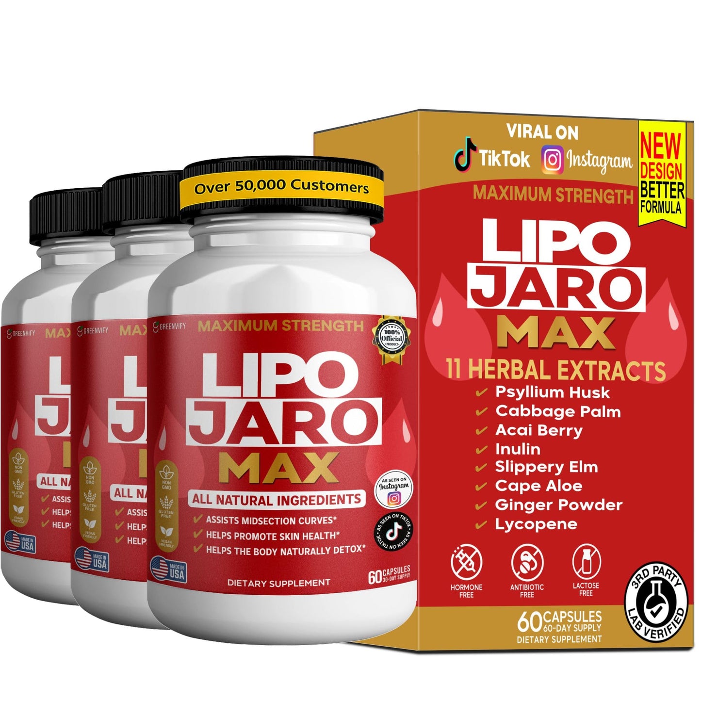 GREENVIFY Lipo Jaro Max Dietary Supplement All Natural, Vegan, Non-GMO, Gluten Free, 60 Capsules