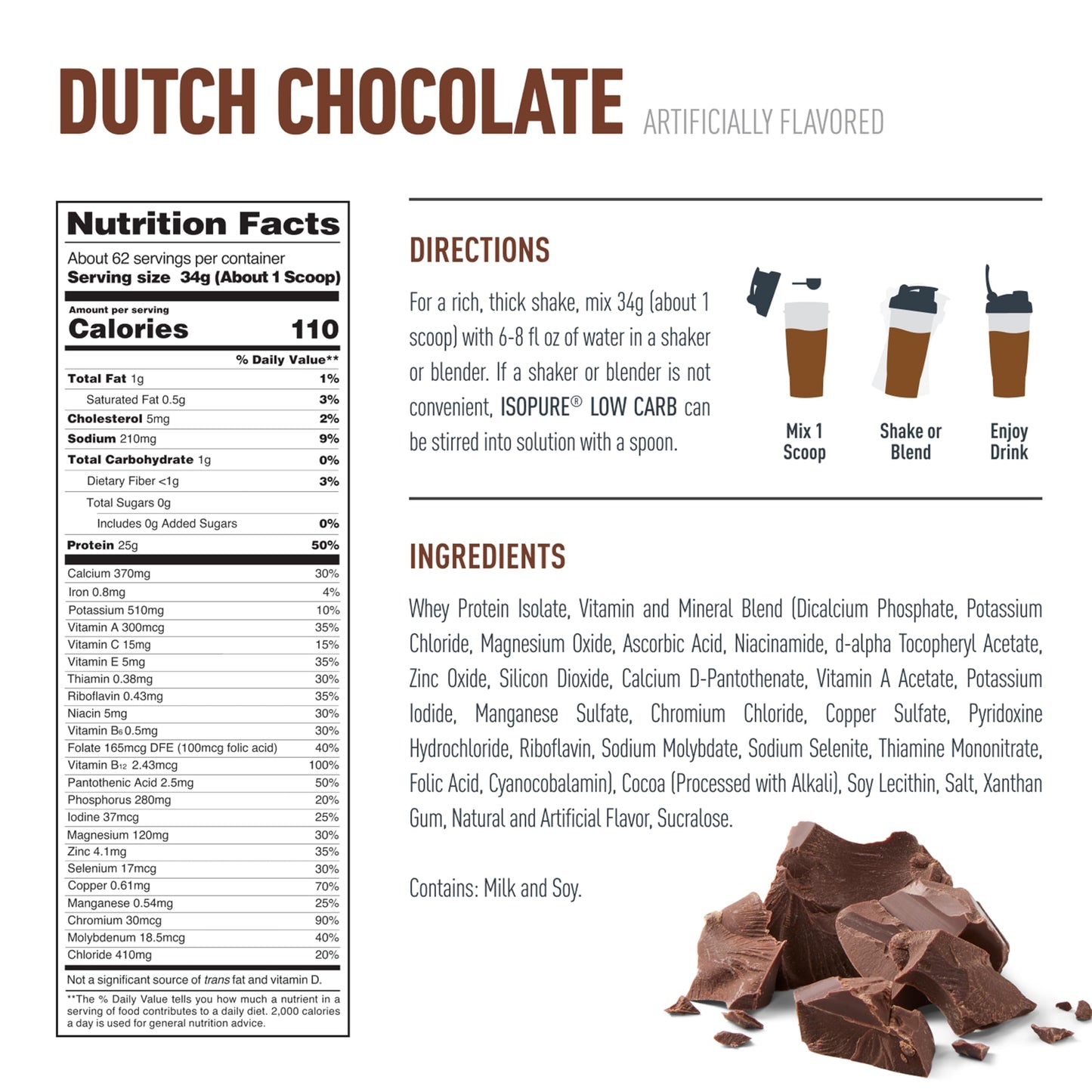 Isopure Low Carb 100% Pure Whey Isolate Protein Powder, Dutch Chocolate, 72 Servings