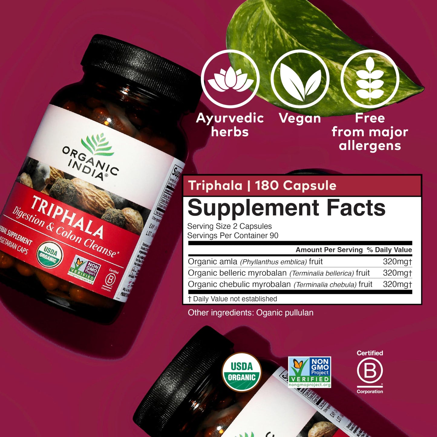 ORGANIC INDIA Triphala Capsules Organic - Herbal Supplement with Amla, Bibhitaki, Haritaki, Digestion & Colon Support, Immune System Support, Adaptogen, Vegan, USDA Certified Organic, 180 Capsules