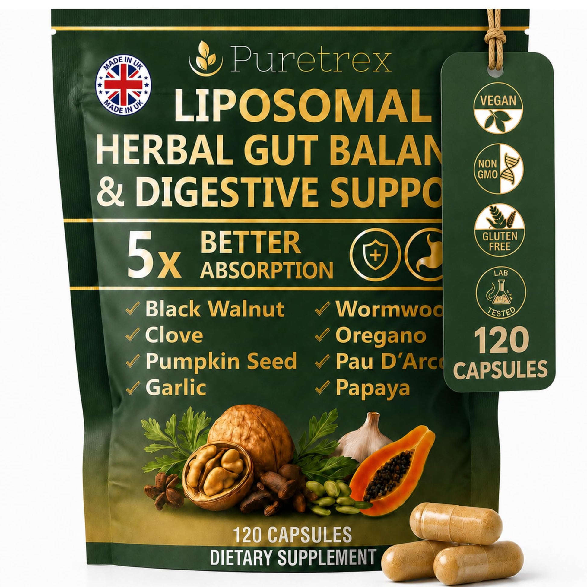 PURETREX Liposomal Herbal Gut Support Drops with Wormwood, Capsule, 120