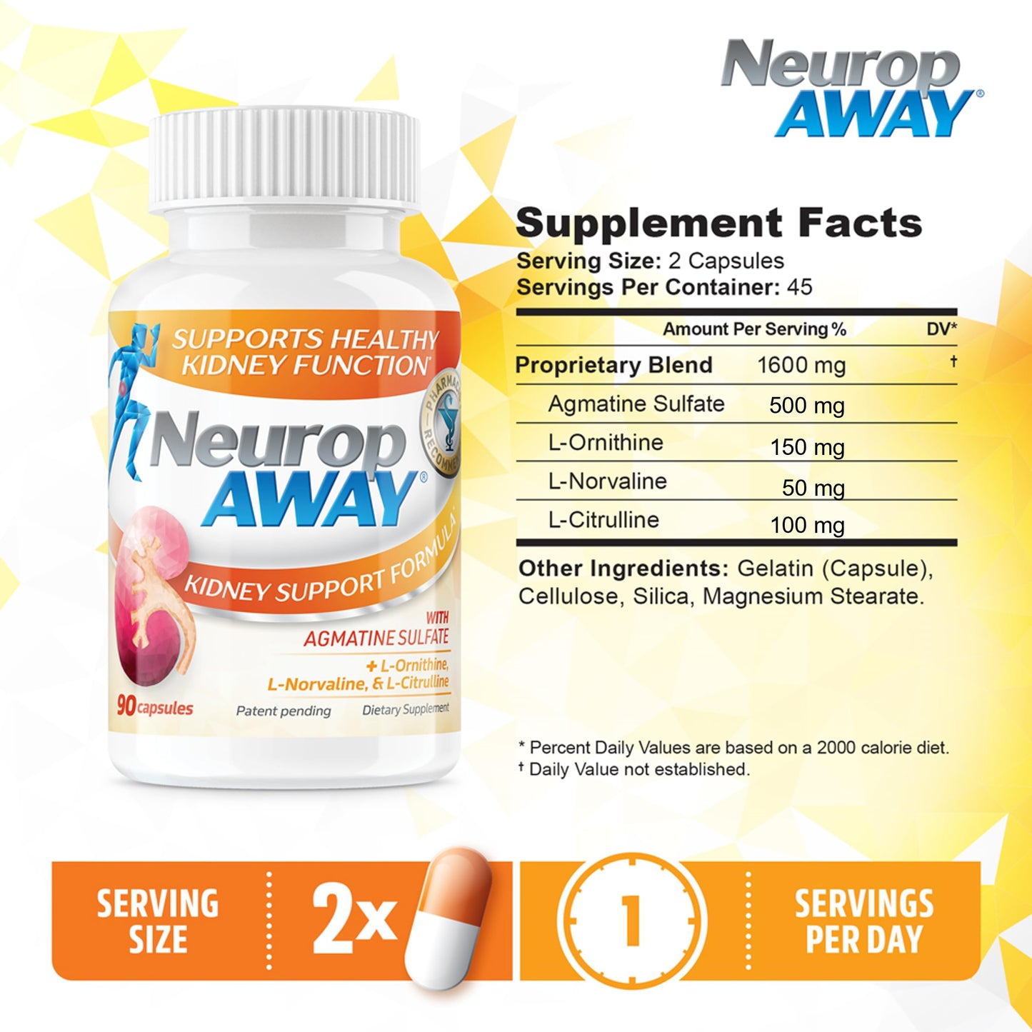 NeuropAWAY Kidney Support Formula Sugar Free with Agmatine Sulfate 500mg L-Novaline 50mg L-Ornithine 150mg L-Citrulline 100mg Capsule, 90 Count