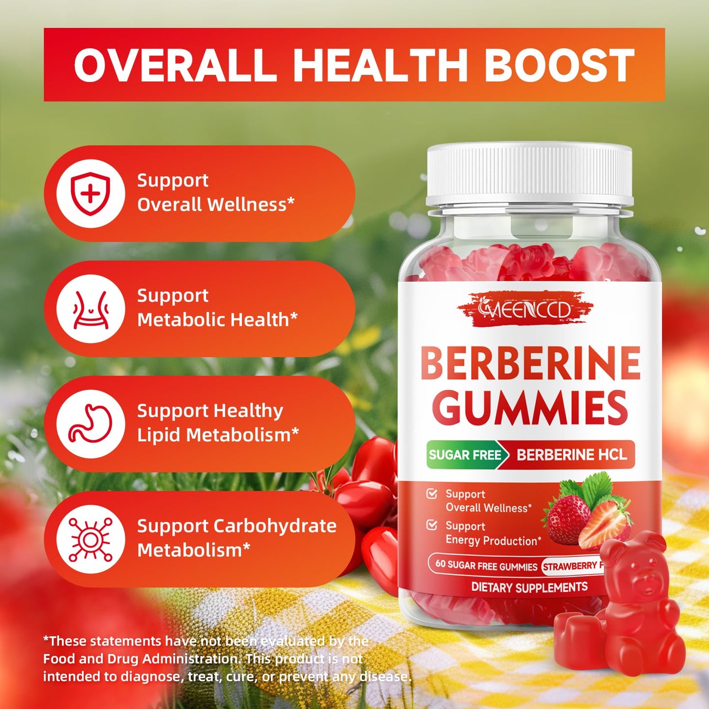 MEENCCD Berberine Gummies with Ceylon Cinnamon, Berberine HCL Immune Support, 120 Count