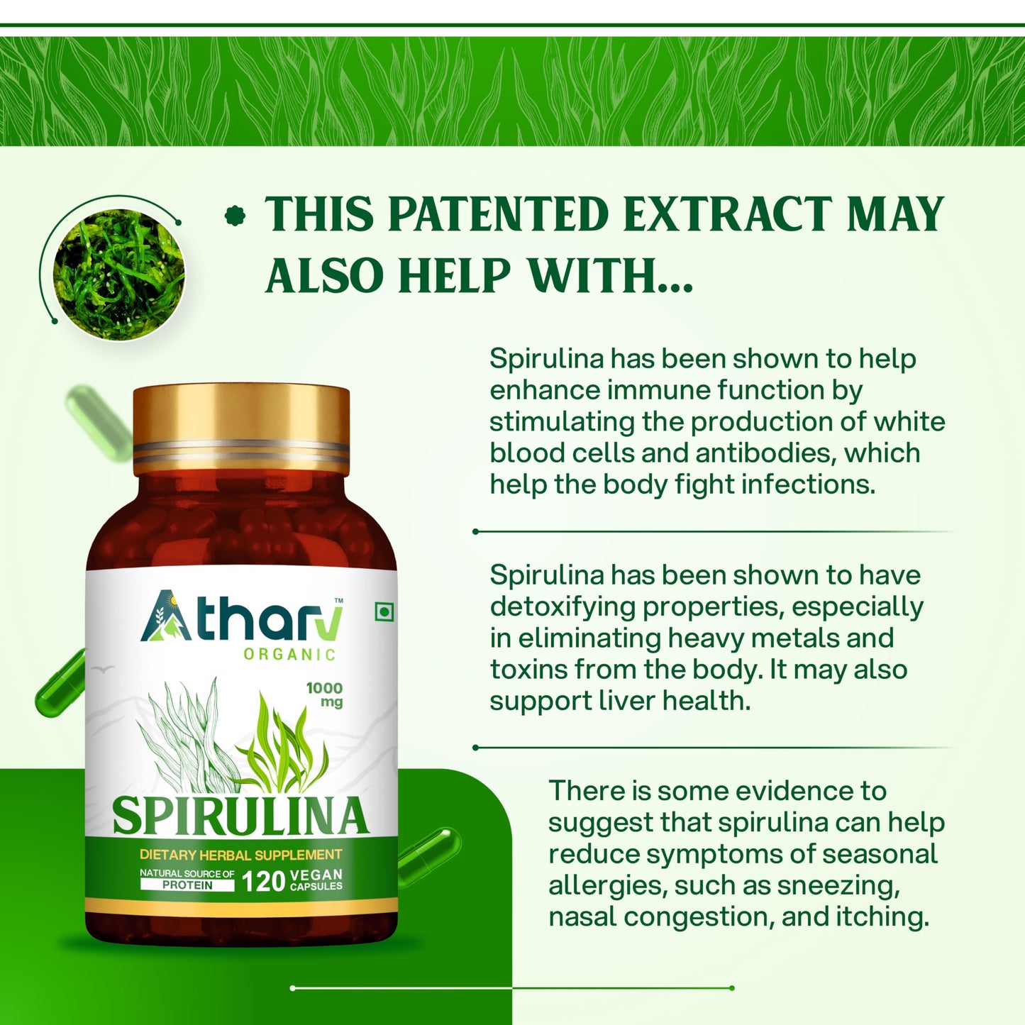 ATHARV ORGANIC Spirulina Supplement 1000mg Capsule, 120 Count