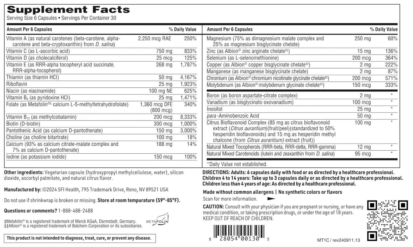 SFI Health MultiThera 1 Iron-Free Multivitamin & Multimineral Capsule Formula with Essential Micronutrients - High Potency with Bioactive Folate & B12 - No Iron, 180 Capsules
