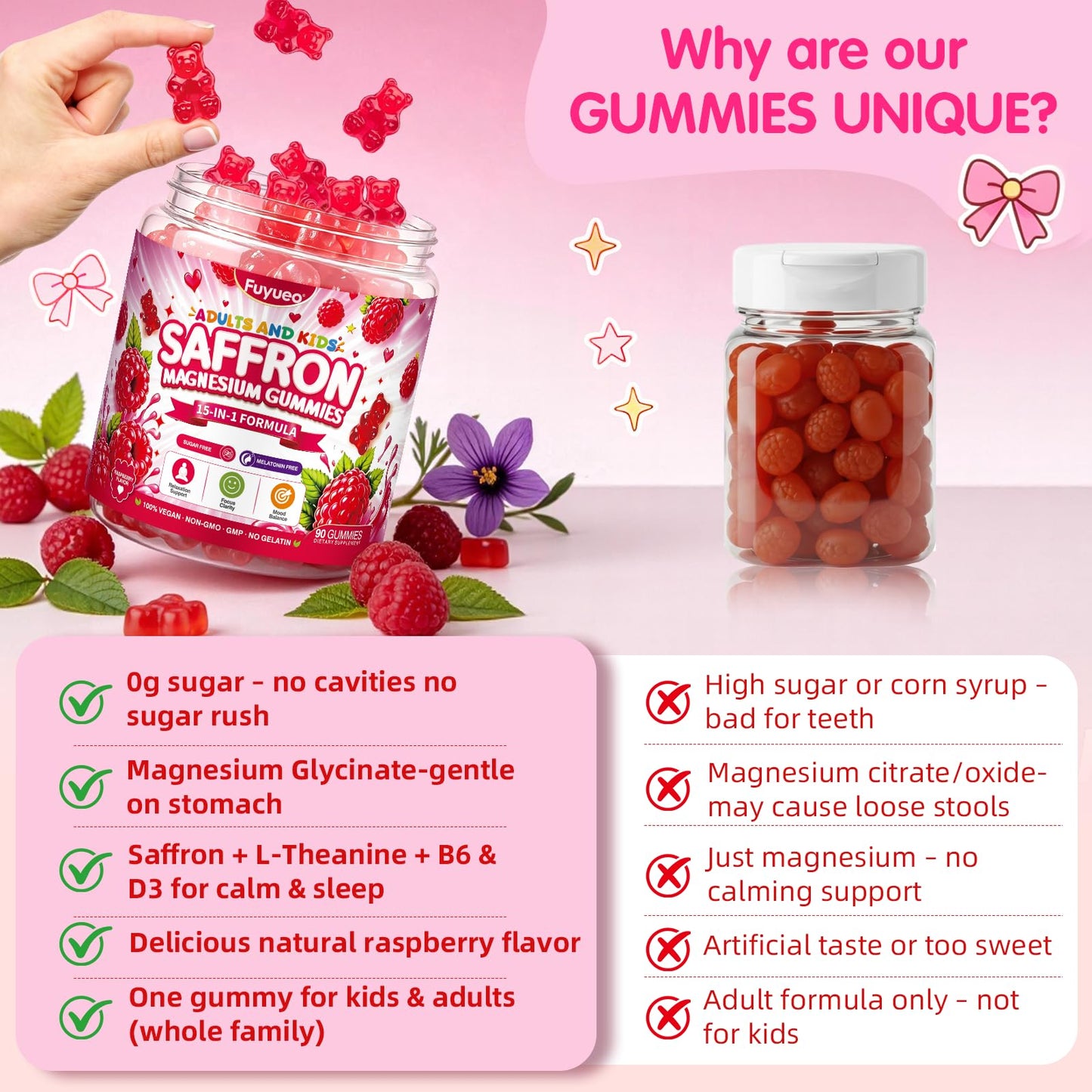 FUYUEO Saffron + Magnesium Glycinate Calm Mood Focus Gummies, 90 Count