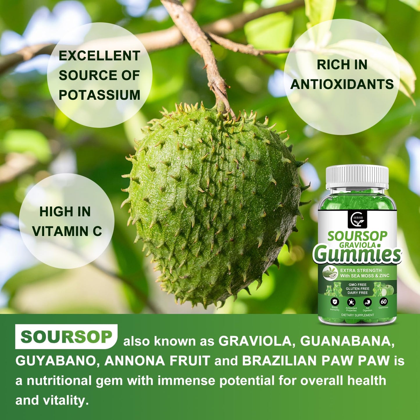 GORNVB Soursop Graviola Gummies, 120 Gummies