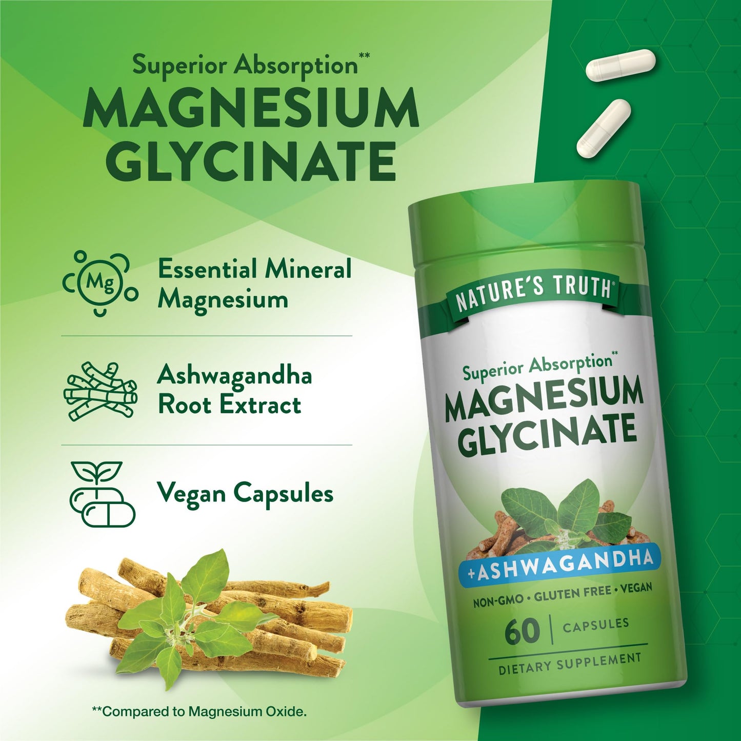 Nature's Truth Magnesium Glycinate with Ashwagandha Capsules, 60 Capsules
