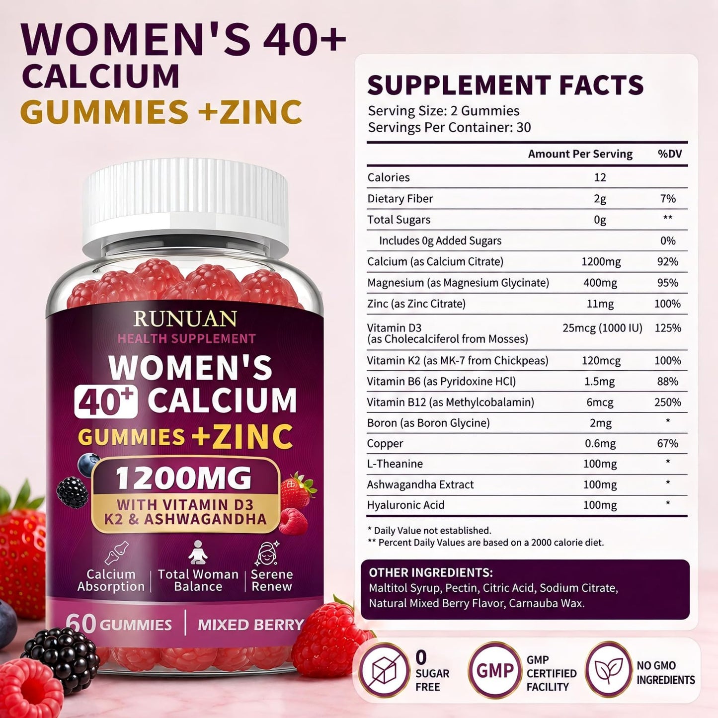 RUNUAN Calcium Citrate Gummies 1200mg with Magnesium Zinc D3 K2 B12 B6 120 Gummies