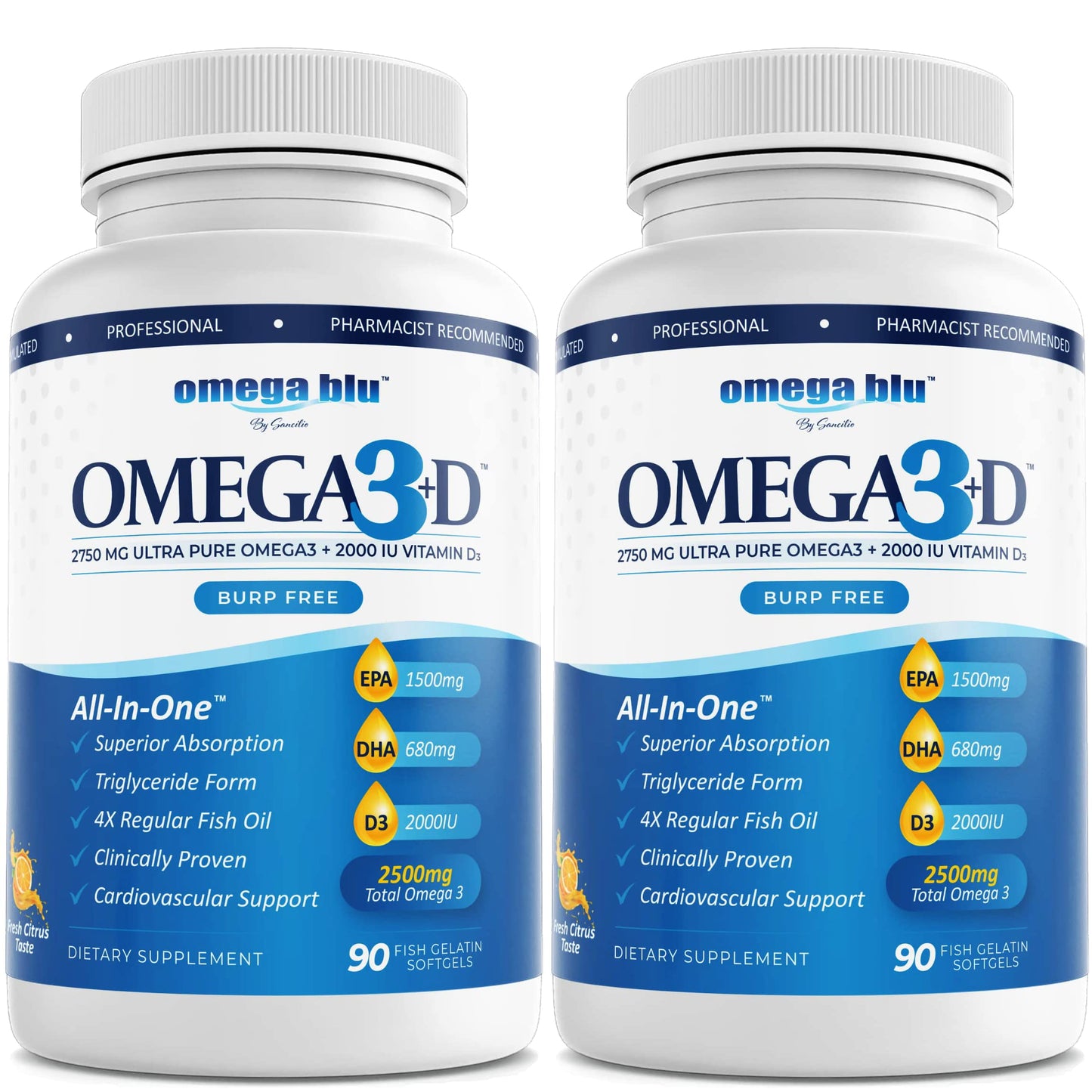 OMEGA BLU Triple Strength Pharmaceutical Grade Fish Oil 2750mg with Vitamin D3 50mcg - 1500mg EPA - 680mg DHA - Heart & Cholesterol Support - No Burps or Heartburn - High Concentration, 180 Softgels