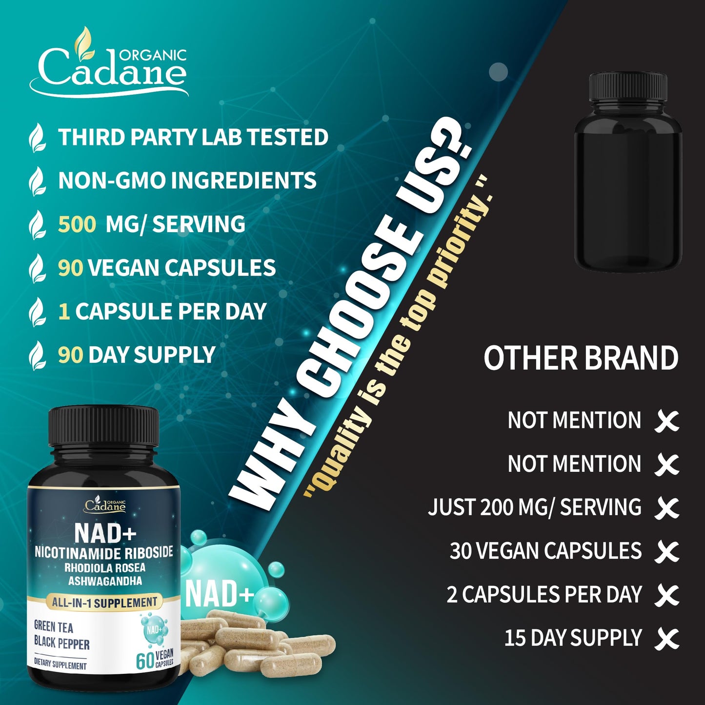 Organic Cadane Nicotinamide Riboside Supplement Capsules, 90 Count