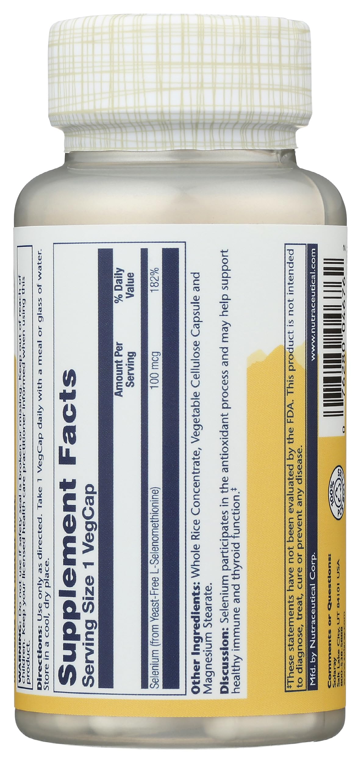 Solaray Selenium 100 mcg Supplement for Women & Men Capsules, Thyroid & Immune Health Support, Yeast Free, L-Selenomethionine, Antioxidant Support, Vegan, 90 Capsules