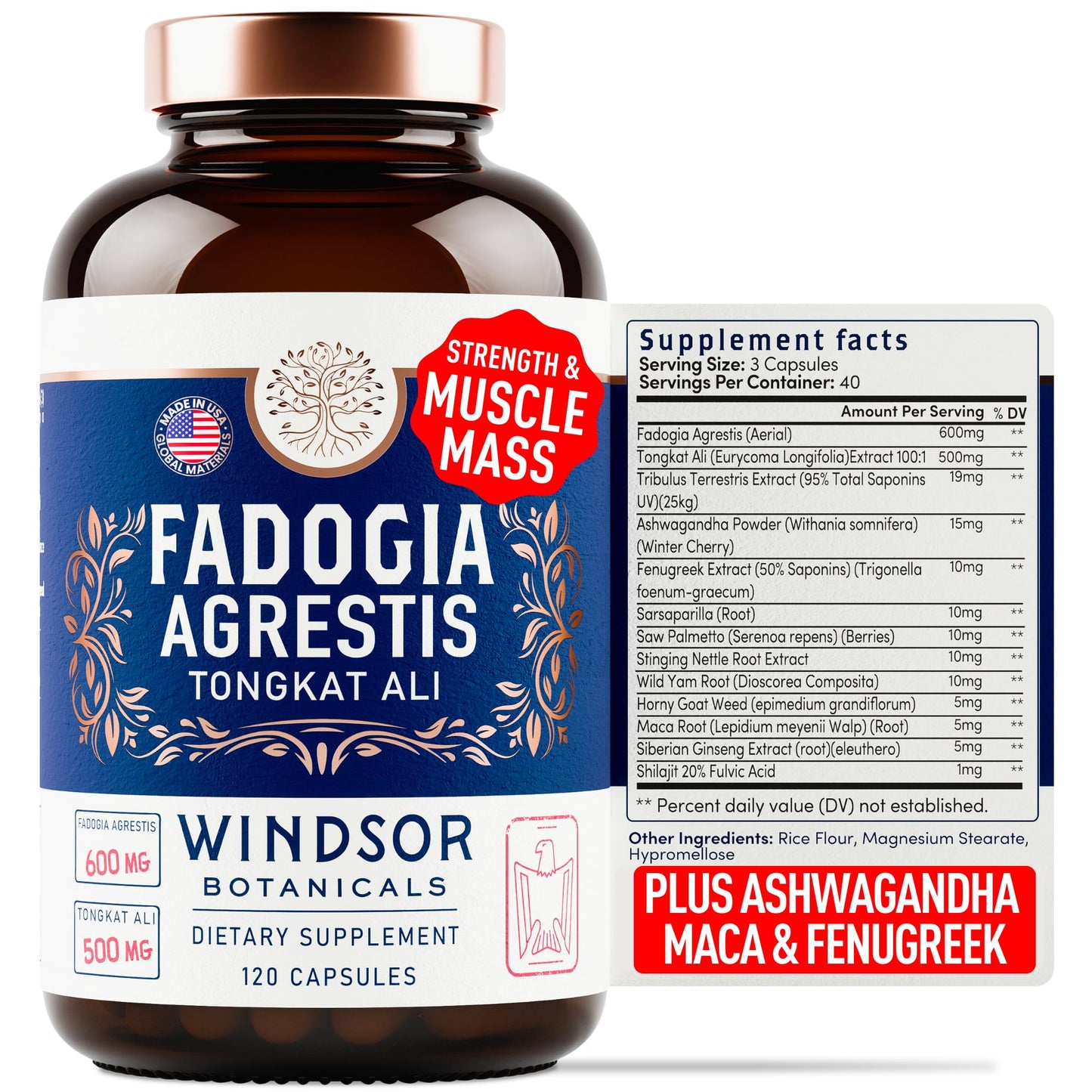 WINDSOR BOTANICALS Fadogia Agrestis and Tongkat Ali Supplement Capsules 120 Count