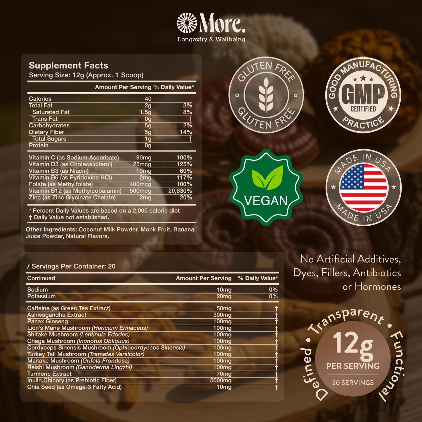 More. Longevity & Wellbeing Premium Mushroom Supplement Powder Coconut Banana with Natural Caffeine – 7 Functional Mushrooms Extracts (Lion’s Mane, Reishi, Chaga & Ashwagandha) for Energy & Focus, 8.46 Ounce