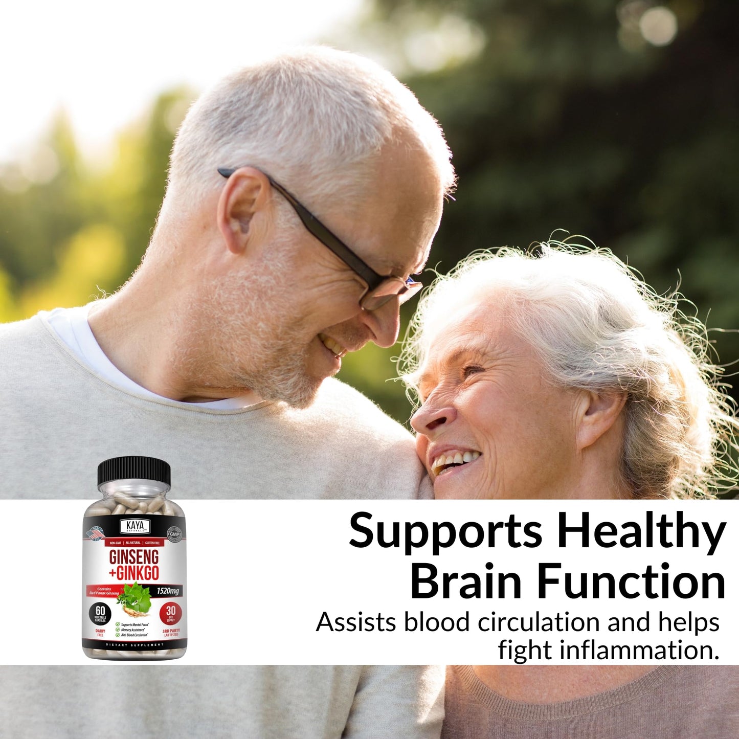 Kaya Naturals Red Panax Ginseng + Ginkgo Biloba Nootropic Brain Supplement - Cognitive and Concentration Support - Brain Booster, Focus, and Memory - 60 Capsules